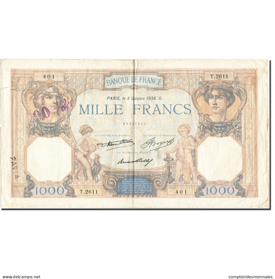 Billet, France, 1000 Francs, 1927, 1936-10-08, TB+, KM:79c - 1 000 F 1927-1940 ''Cérès Et Mercure''