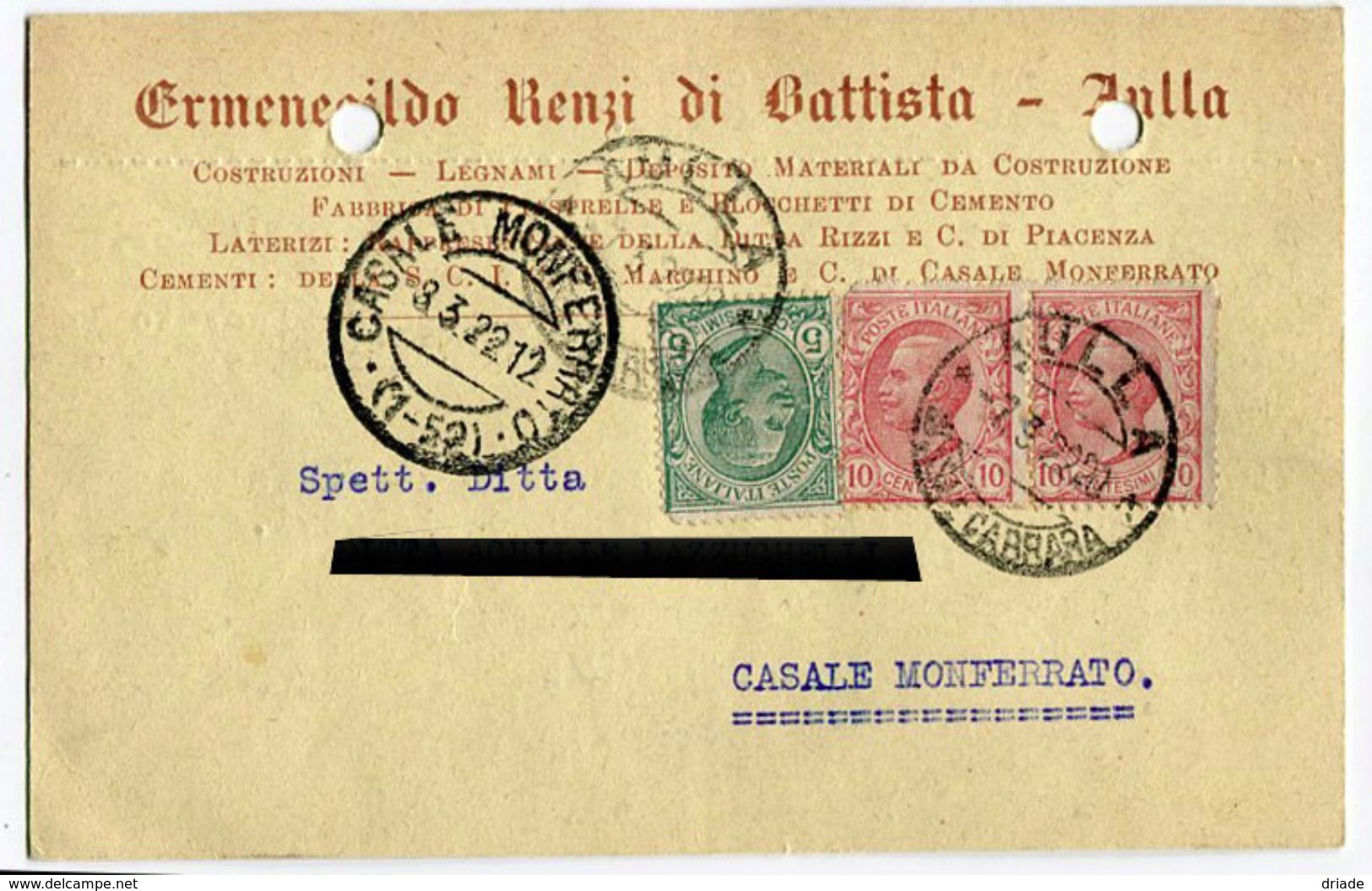 CARTOLINA COMMERCIALE LATERIZI E CEMENTI ERMENEGILDO RENZI DI BATTISTA MASSA CARRARA ANNO 1922 VIAGGIATA - Massa