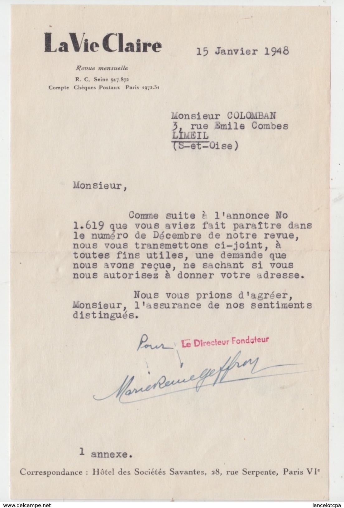 LETTRE AUTOGRAPHE MARIE REINE GEFFROY écrivain Pour LA VIE CLAIRE Adressée à Emile COLOMBAN Dit PAUL COBAN Poëte En 1948 - Other & Unclassified