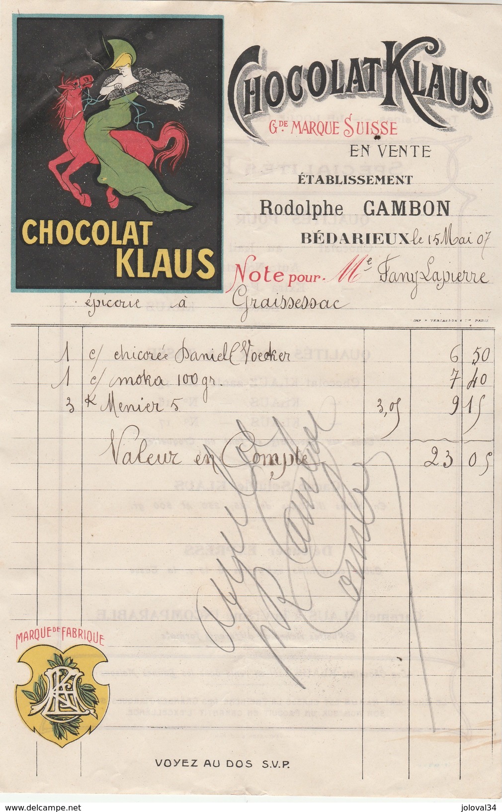 Facture Illustrée 15/5/1907 Chocolat KLAUS Ets CAMBON Bédarieux Hérault Pour Lapierre Graissesac Verso Publicité - 1900 – 1949