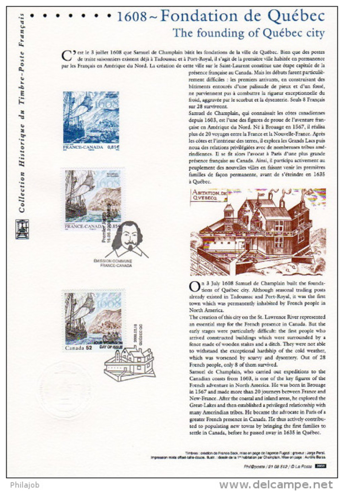 (Prix à La Poste = 5.00 &euro;) Document Officiel 2008 " FRANCE - CANADA FONDATION DE QUEBEC " N° YT 4182 + Timbre Canad - Emissions Communes