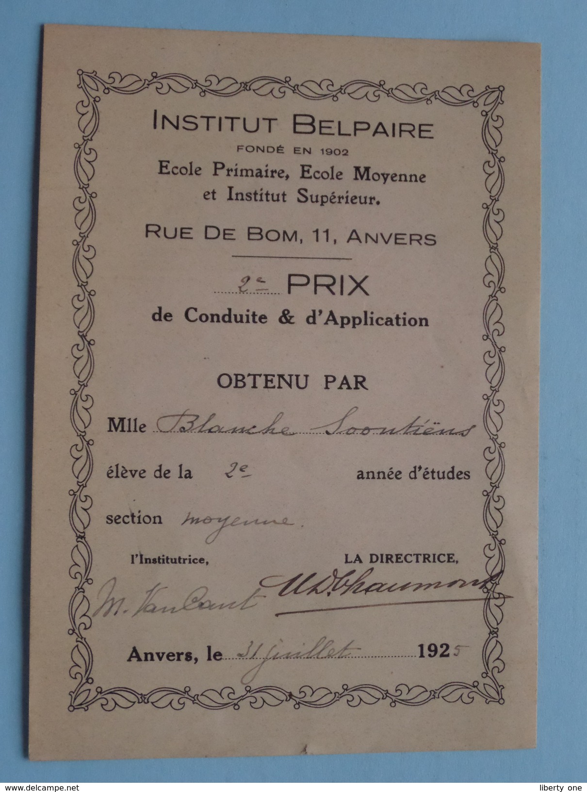 Institut BELPAIRE Rue De BOM Anvers ( 2e Prix De Conduite & D'Application / Soontiëns Blanche 1925 ) Zie Foto's ! - Diplômes & Bulletins Scolaires