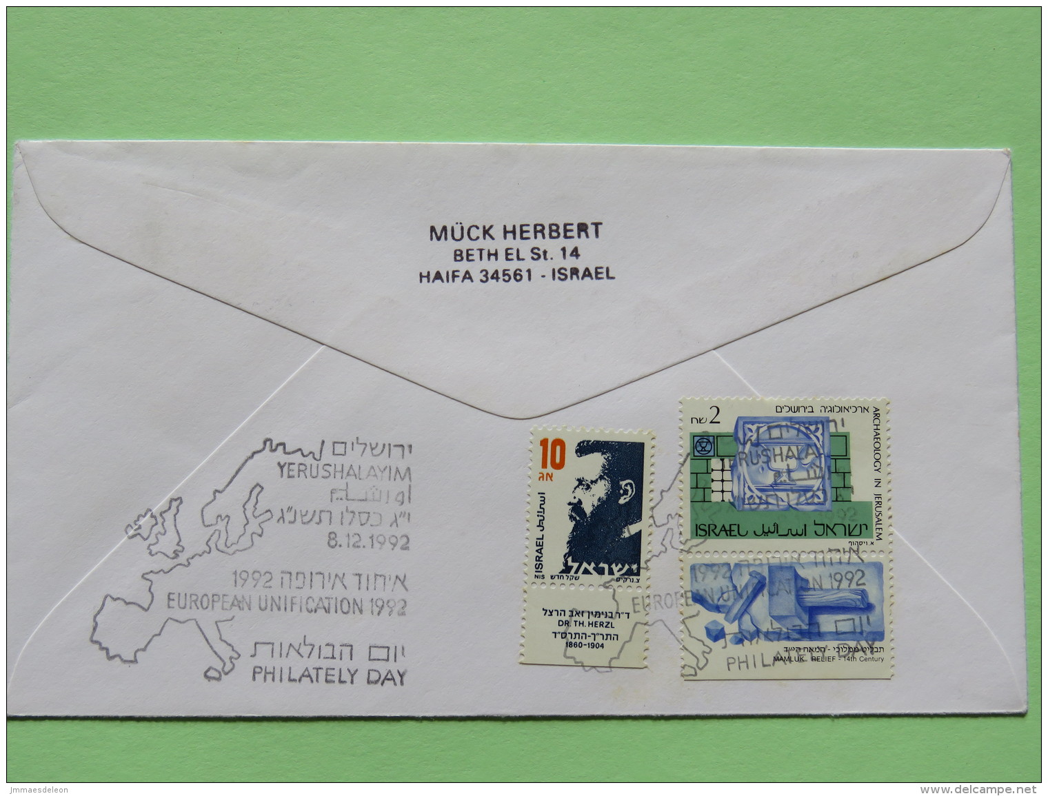 Israel 1992 Registered FDC Cover To Germany - European Unification - Chart - Archaeology On Back - Covers & Documents