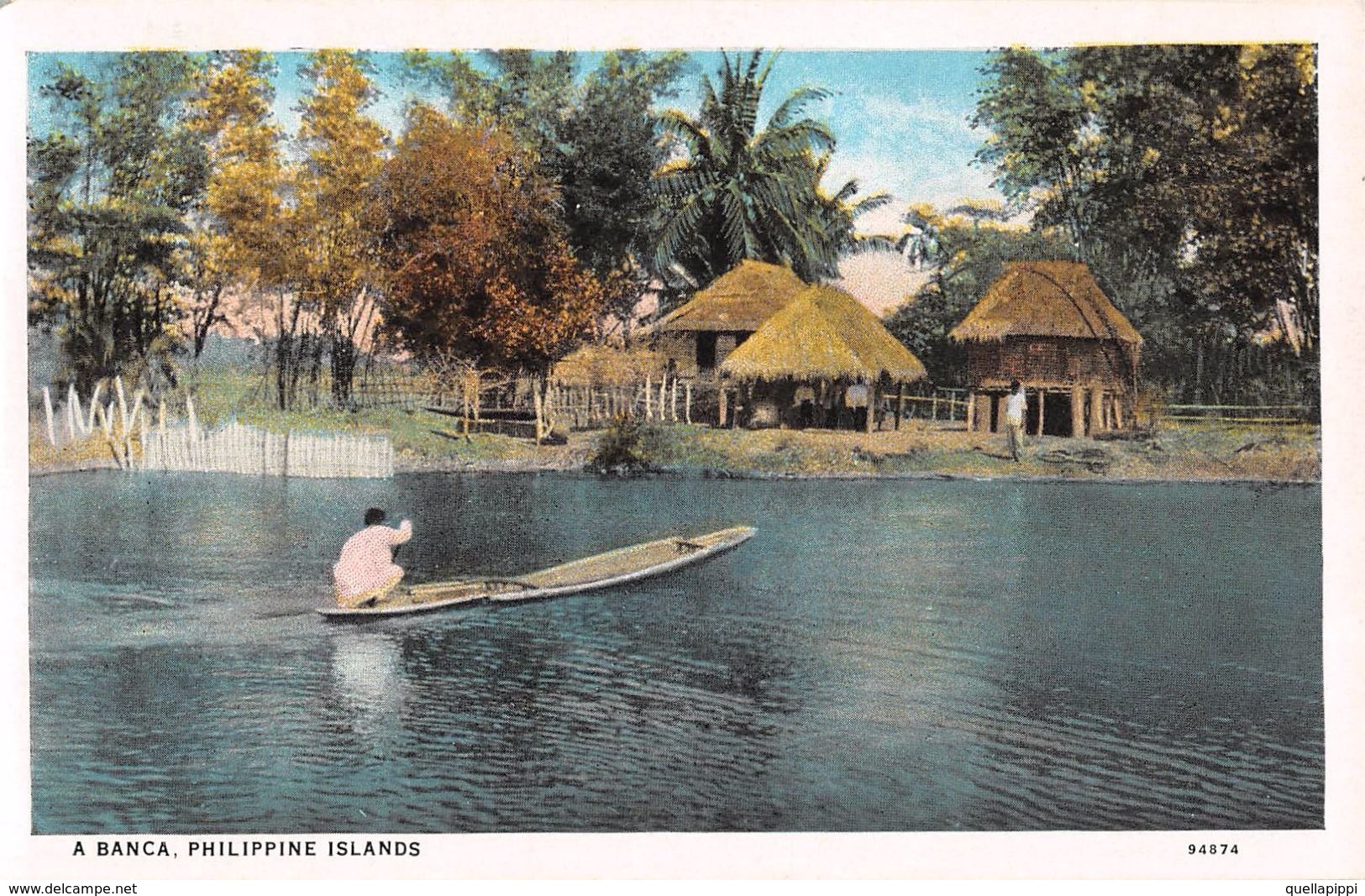 D6252 "FILIPPINE - A BANCA - PHILIPPINE ISLANDS"  ANIMATA, CANOA.CON CAPANNE  CART  NON  SPED - Philippines