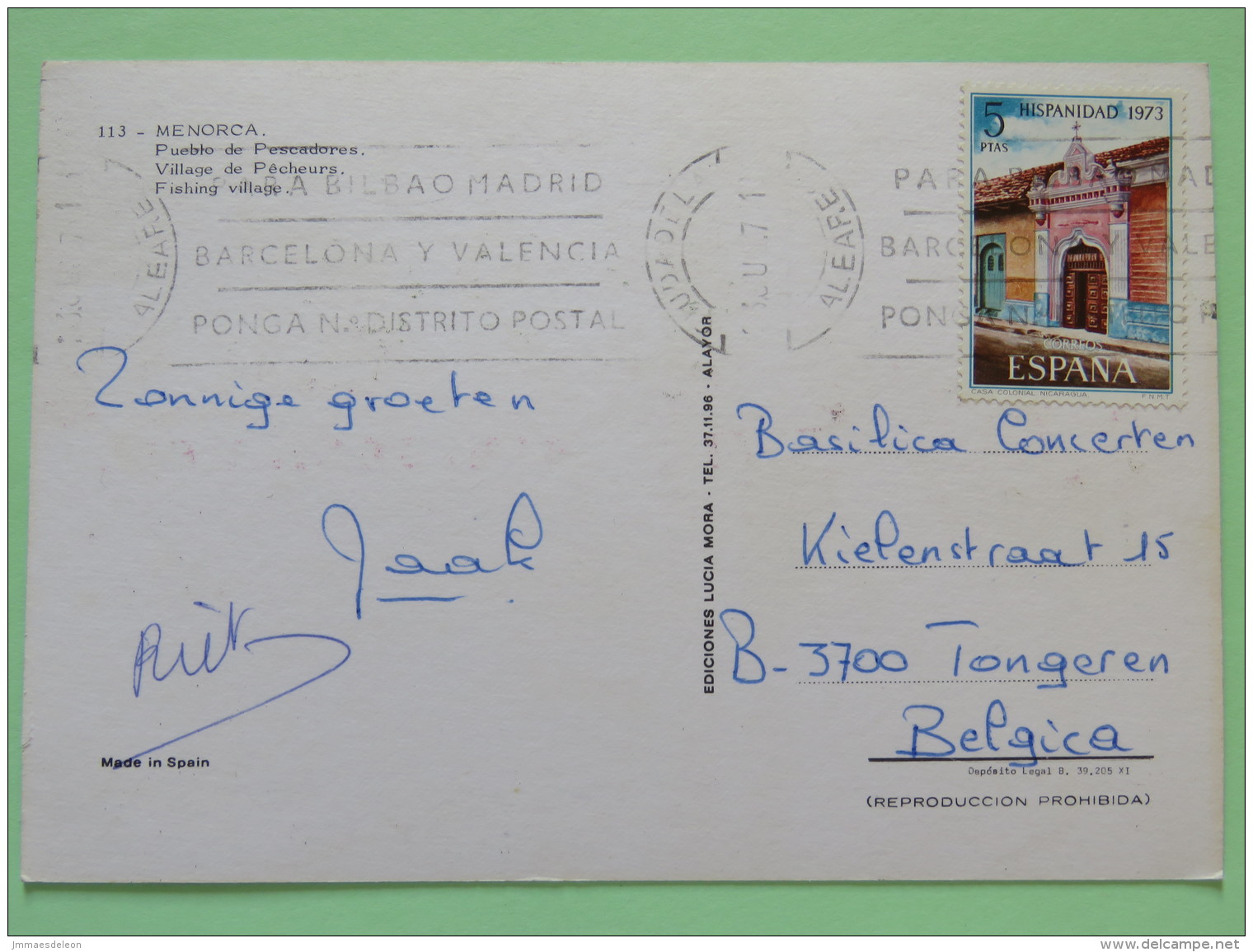 Spain 1971 Postcard ""Menorca - Fishing Village"" To Belgium - Colonial House In Nicaragua - Lettres & Documents