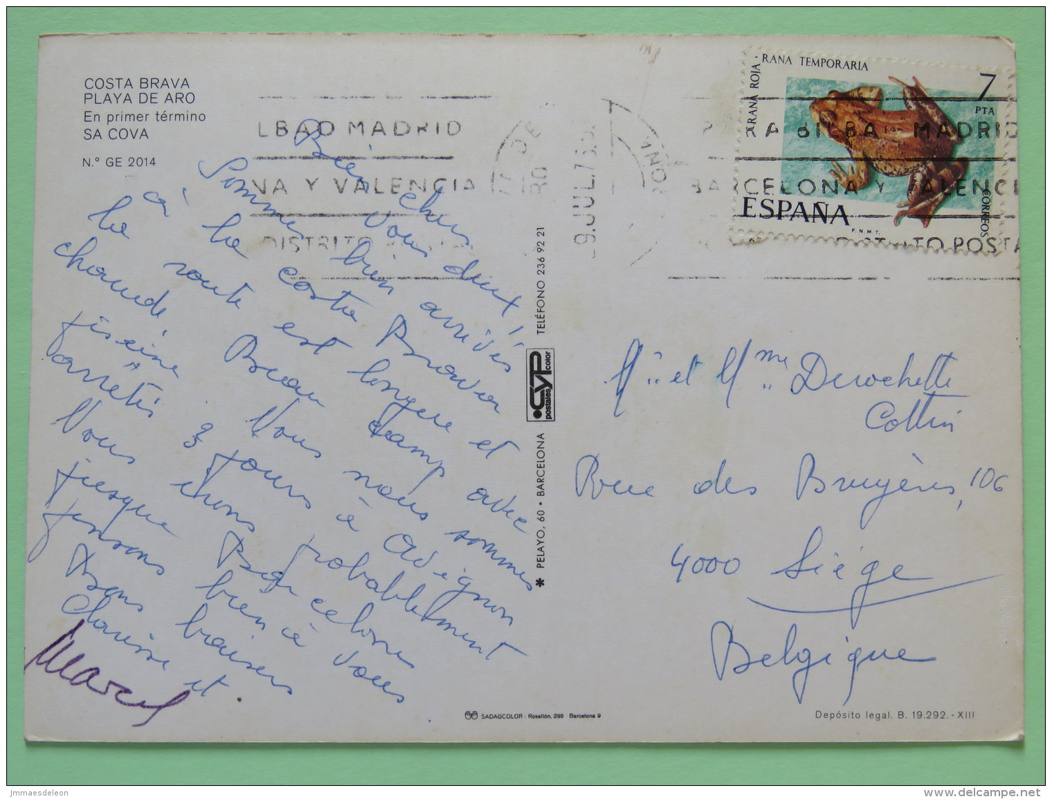 Spain 1975 Postcard ""Costa Brava - Costa Del Aro - Beach"" To Belgium - Frog - Lettres & Documents