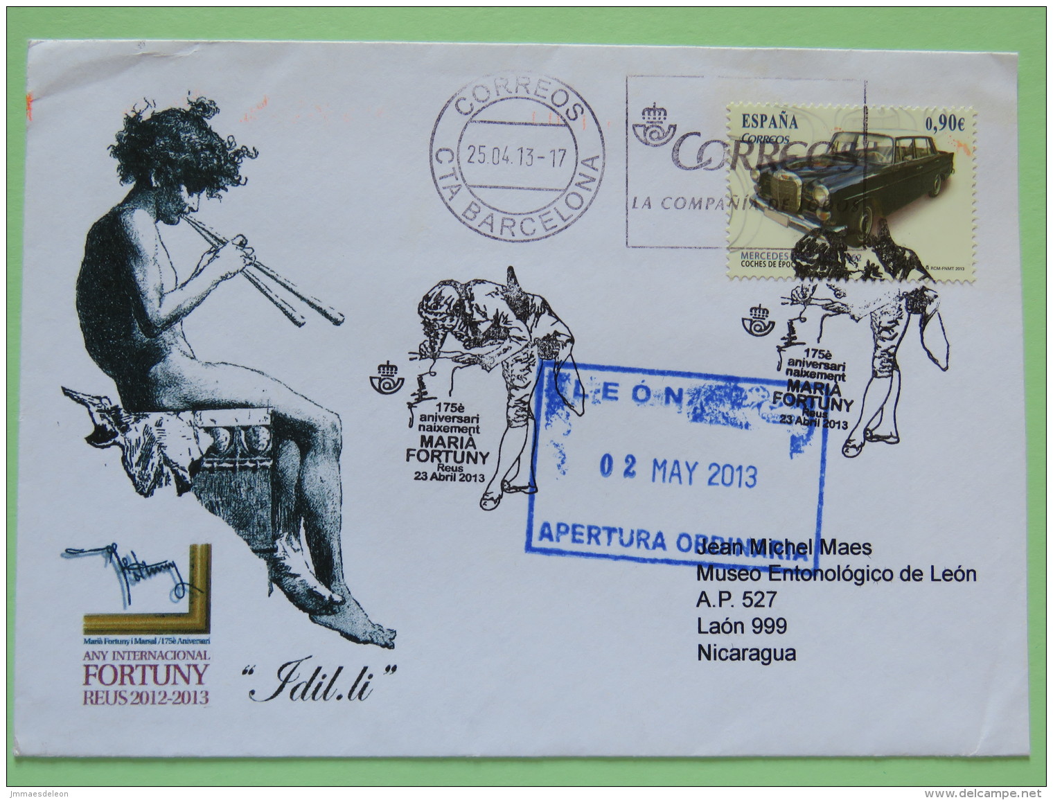 Spain 2013 Special Cancel Maria Fortuny On Cover Barcelona To Nicaragua - Music Pan Flute - Car Mercedes - Lettres & Documents