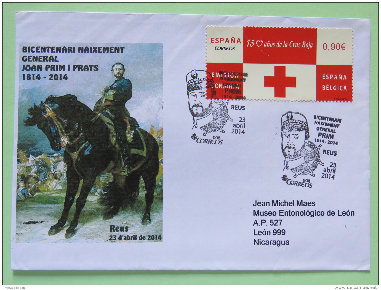 Spain 2014 Special Cancel General Prim On Cover Reus To Nicaragua - Red Cross - Horse Medal Uniform - Lettres & Documents