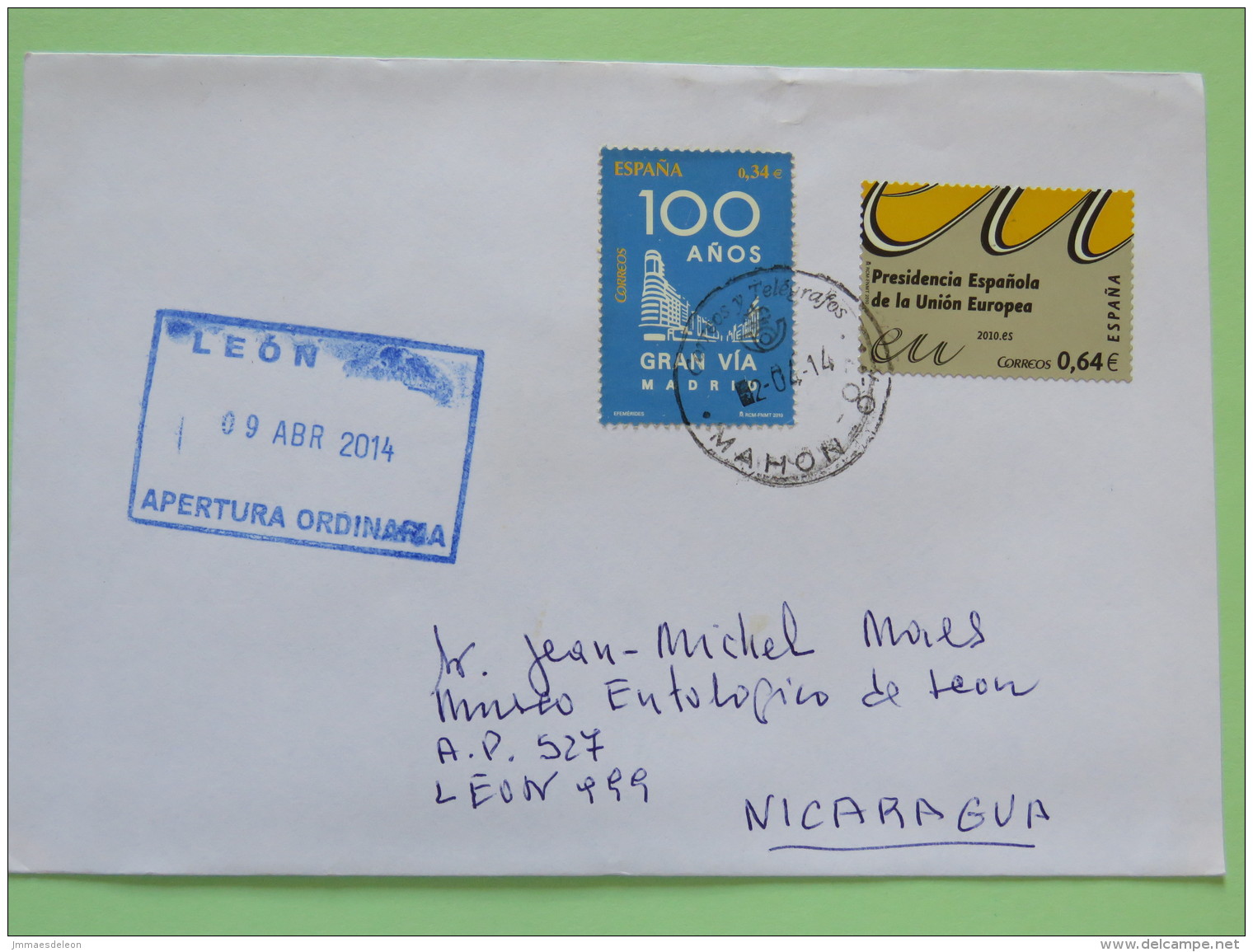 Spain 2014 Cover Mohon Baleares To Nicaragua - Gran Via Madrid - European Union Spanish Presidency - Lettres & Documents