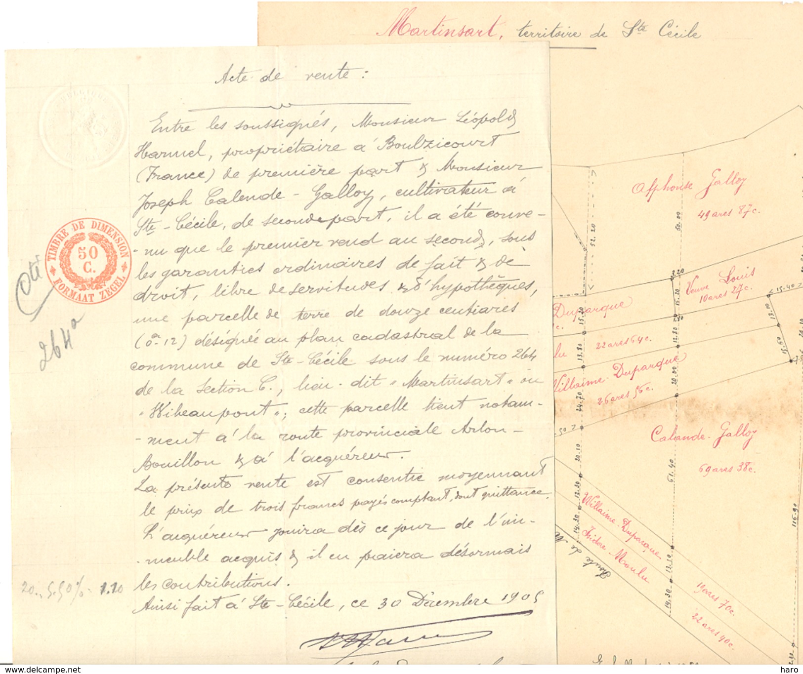 Acte Notarié De Vente D'un Terrain à Sainte Cécile  Florenville ) Boulzicourt ( France ) En  1905 / 1906 + PLAN (b209) - Manuscrits