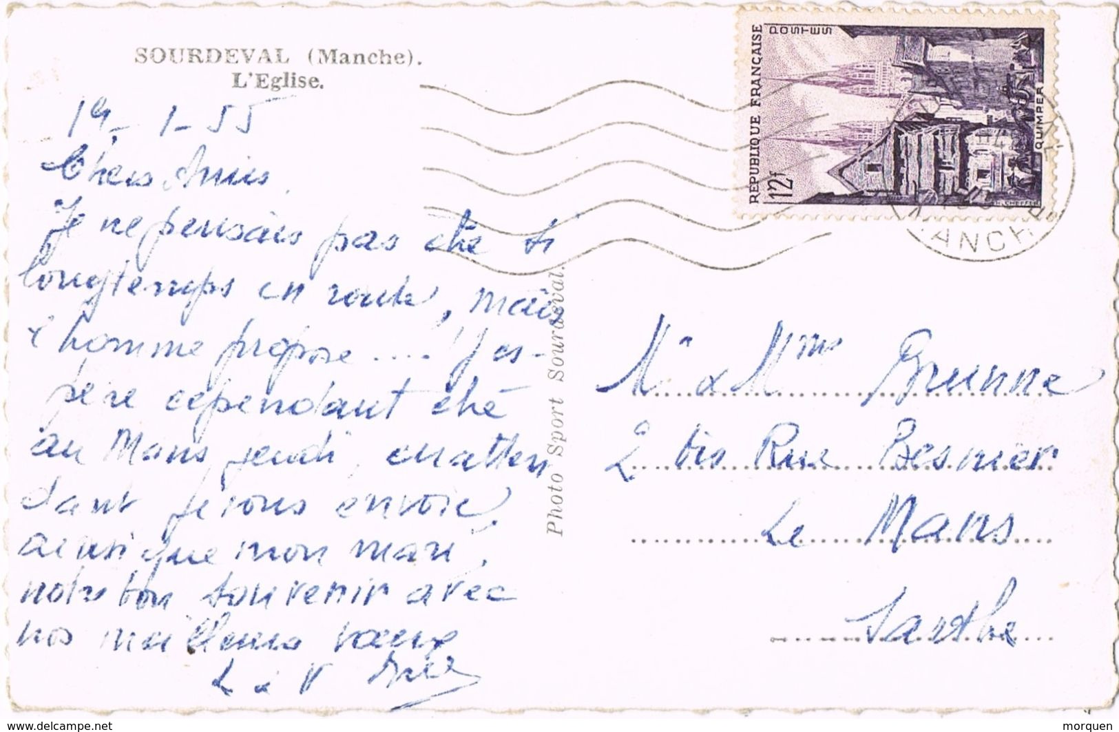 25165. Postal SOURDEVAL (Manche) 1955.  L'Eglise - Cartas & Documentos