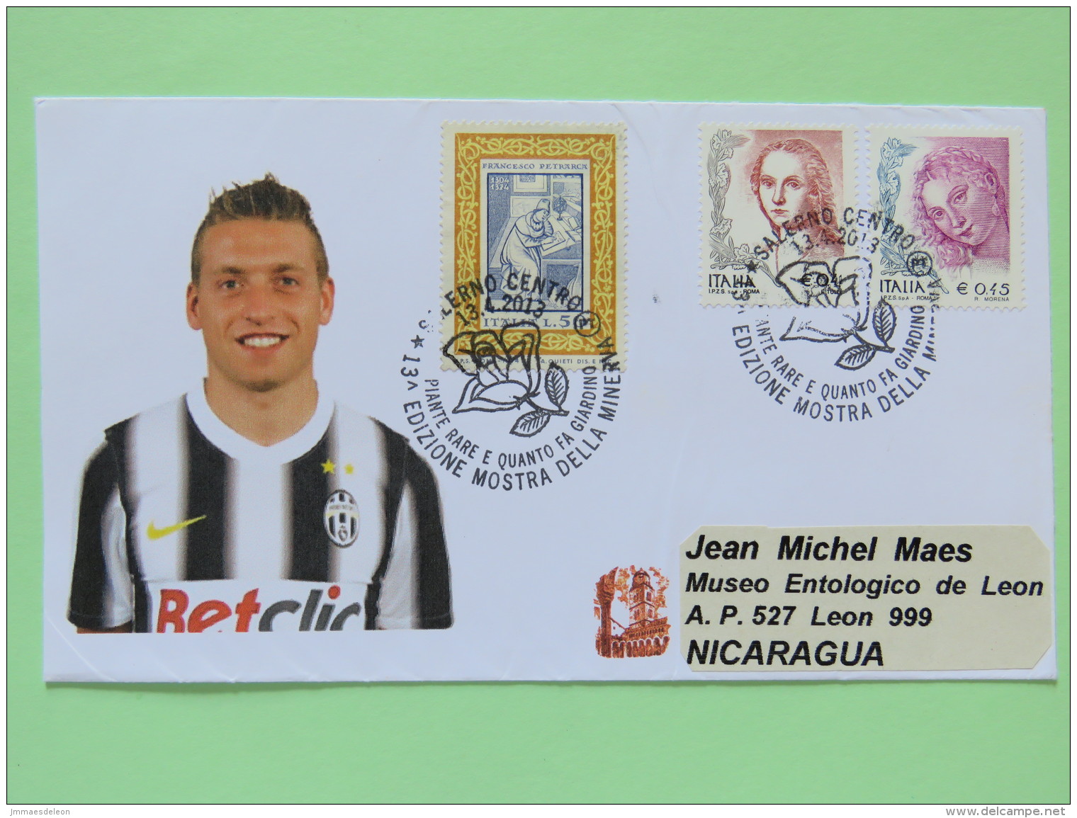 Italy 2013 Special Cancel Philatelic EXPO Salerno On Cover To Nicaragua - Women In Art - Petrarch Poet Book - Football S - 2011-20: Marcophilia