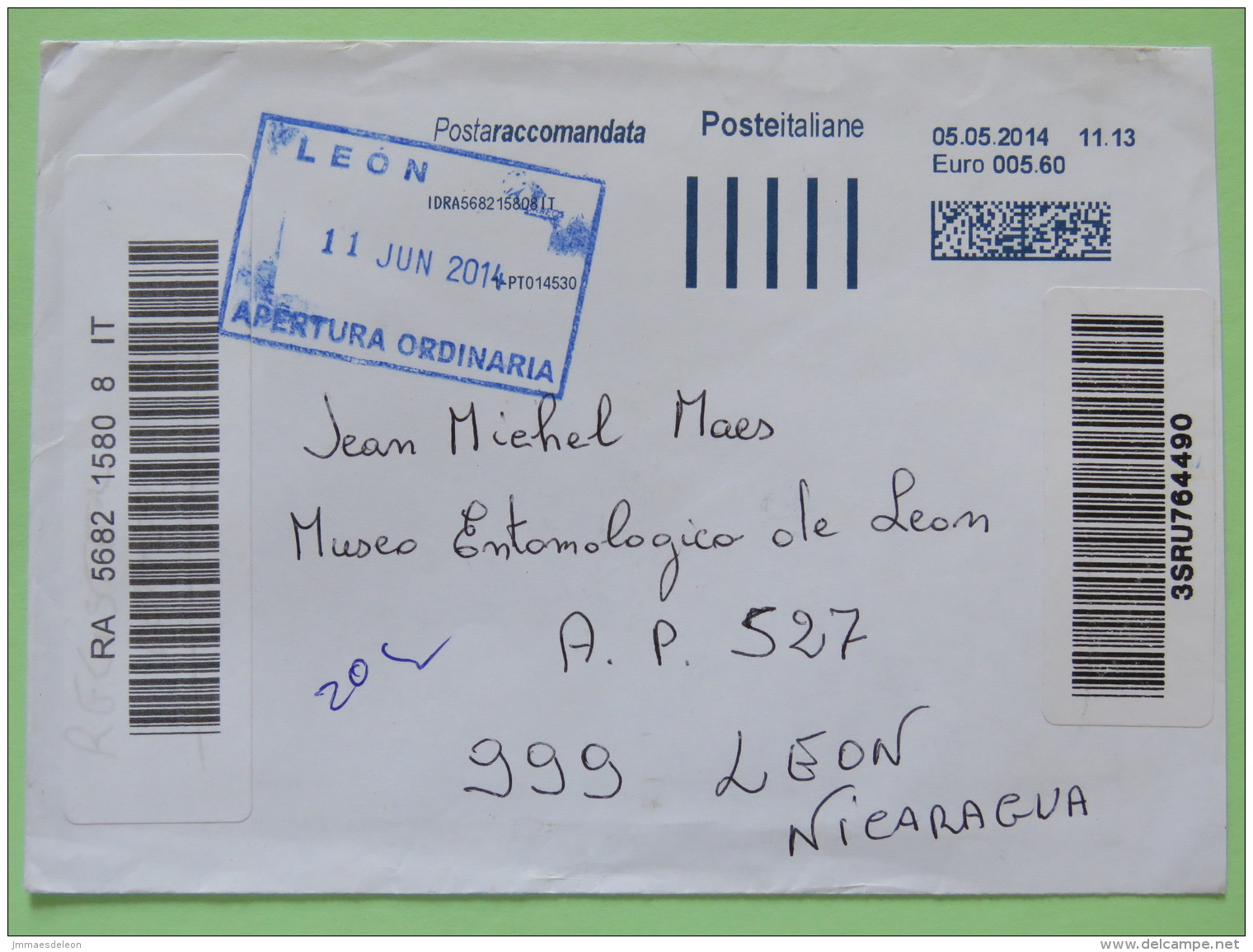 Italy 2014 Registered Cover Erba Coro To Nicaragua - Machine Franking - 2011-20: Marcophilia