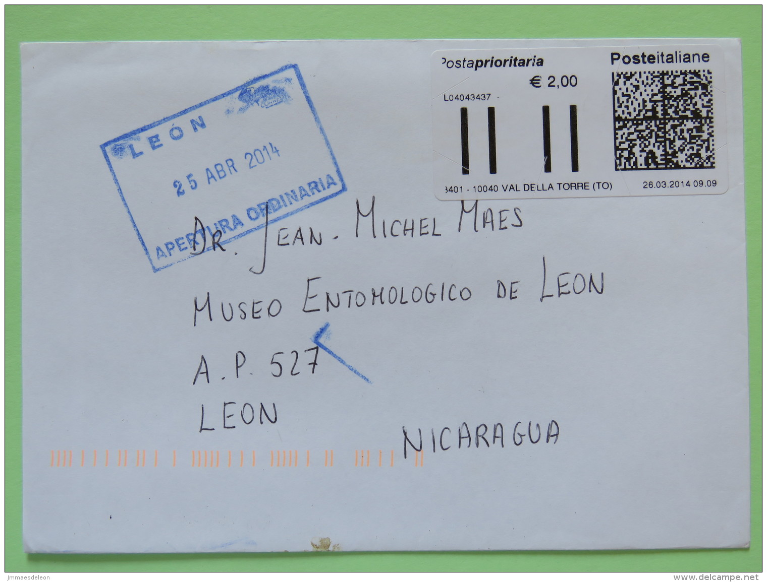 Italy 2014 Cover Val Della Torre To Nicaragua - Machine Franking Label - 2011-20: Marcophilia