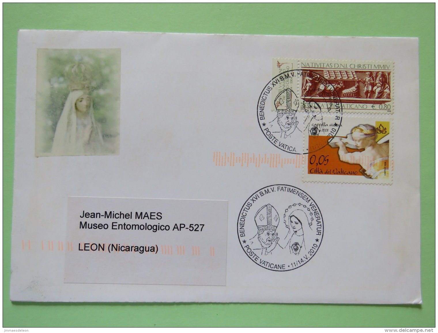 Vatican 2010 Special Cancel Fatima On Cover To Nicaragua - Pope Benedictus XVI - Sixtine Michelangelo - Christmas - Lettres & Documents