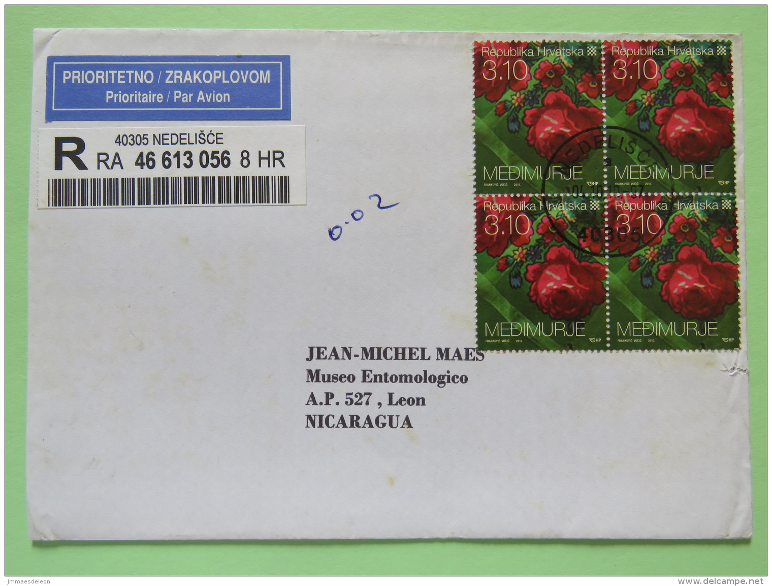 Croatia 2009 Registered Cover Nedelisce To Nicaragua - Flowers Roses - Franking Machine Label On Back - Croatia