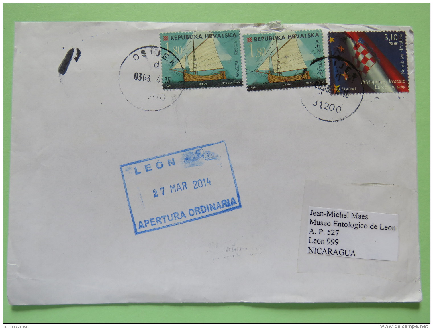 Croatia 2014 Cover Osijek To Nicaragua - ""T"" Due Cancel - Ships - Flag - Croatia