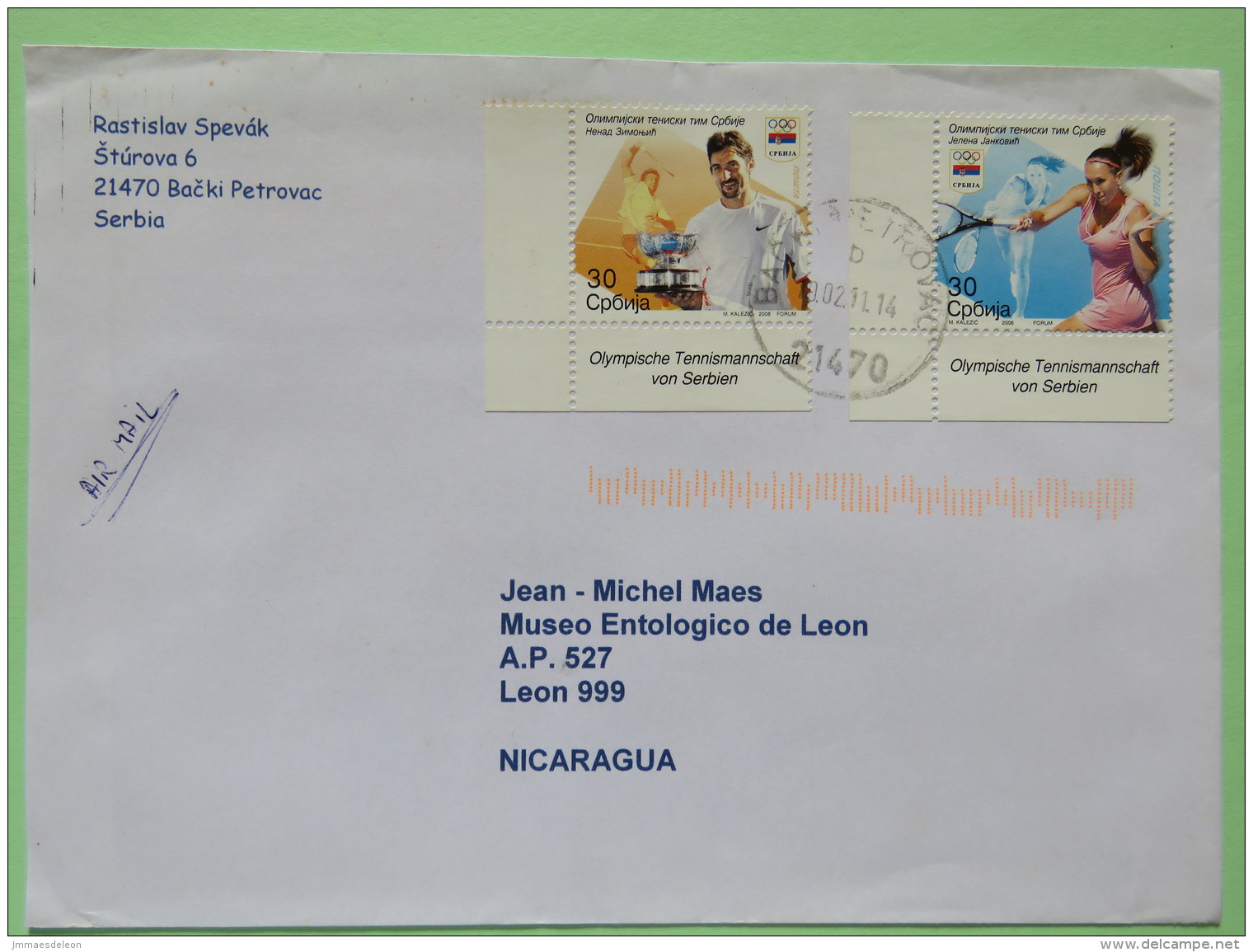 Serbia 2010 Cover Backi Petrovac To Nicaragua - Olympic Games Tennis - Serbia