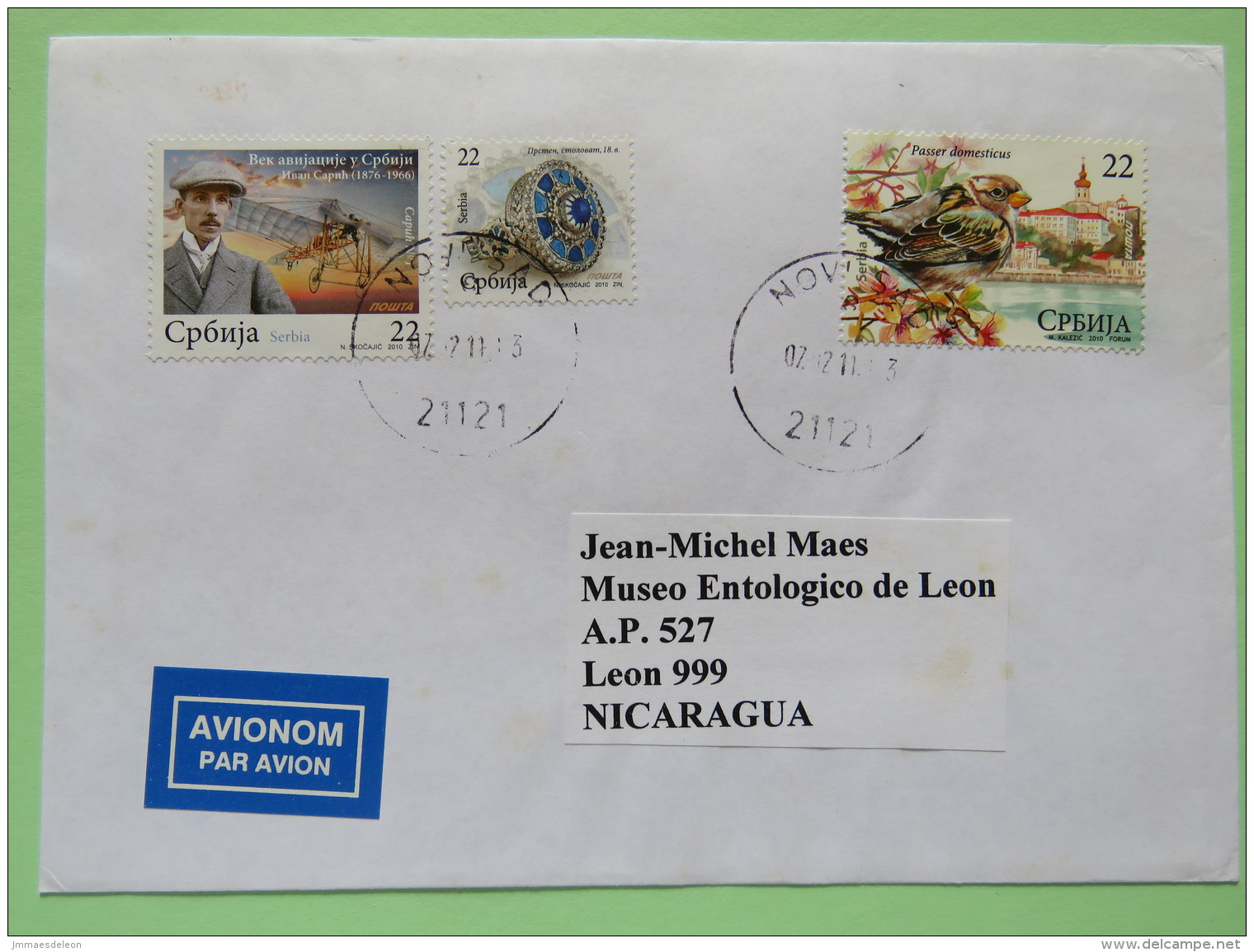 Serbia 2011 Cover Novi Sad To Nicaragua - Bird - Ring - Jewelry - Plane - Serbia