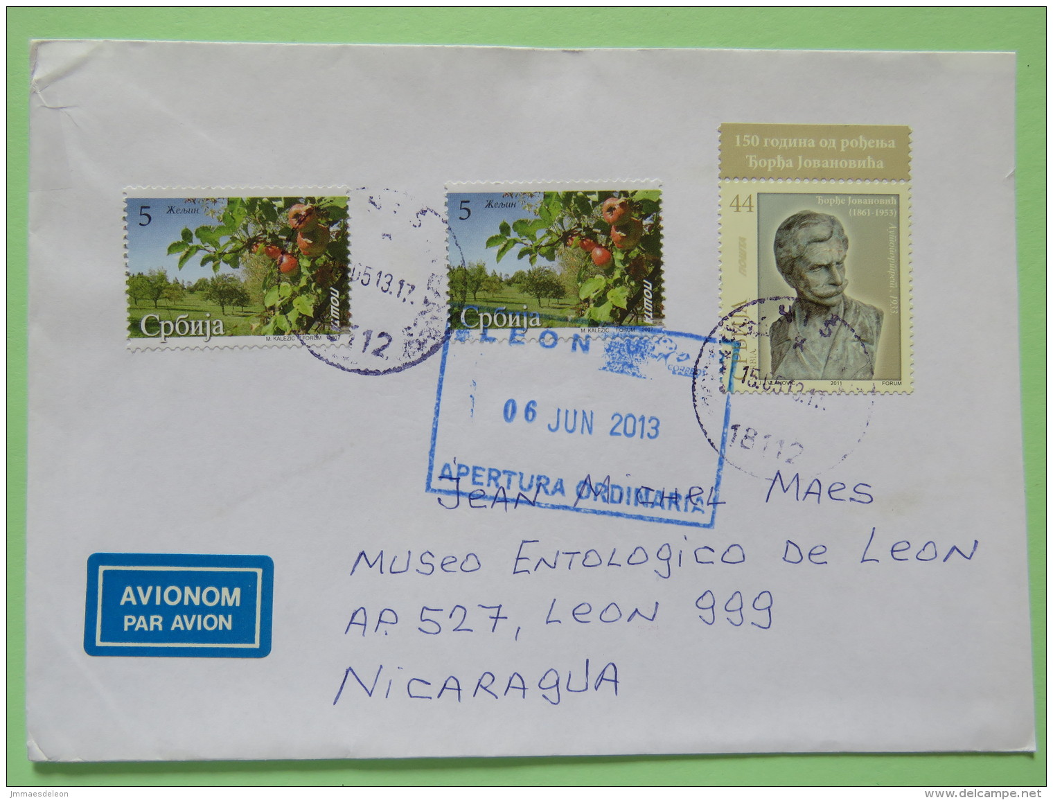 Serbia 2013 Cover Nis To Nicaragua - Fruit Apple - Serbia