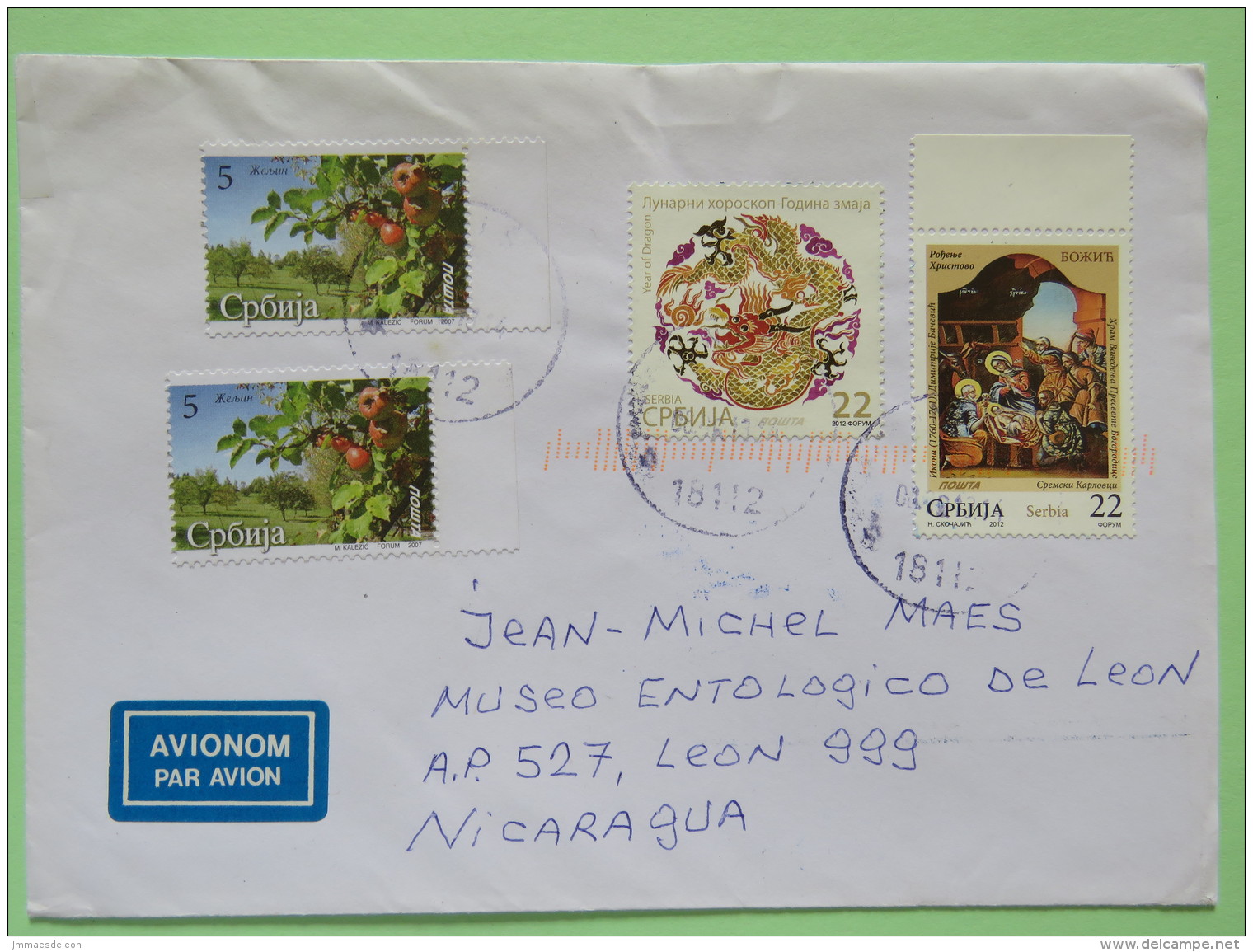 Serbia 2013 Cover Nis To Nicaragua - Fruit Apple - Painting Christmas - Year Of The Dragon - Serbia