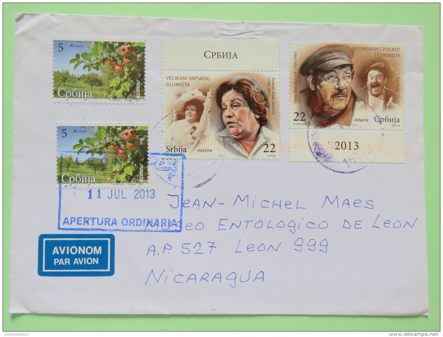 Serbia 2013 Cover Nis To Nicaragua - Theatre Or Cinema - Fruits Apple - Serbia