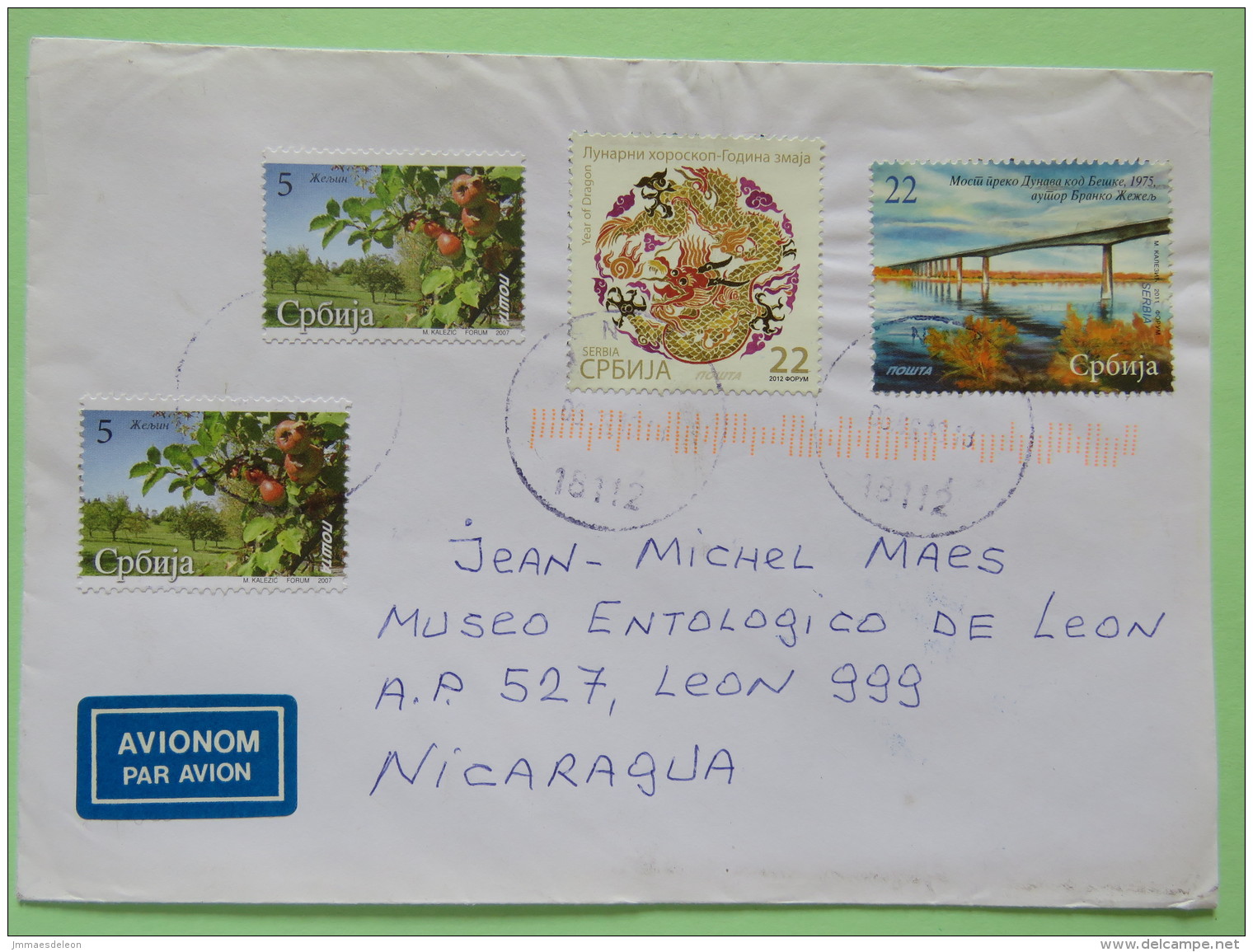 Serbia 2013 Cover Nis To Nicaragua - Year Of The Dragon - Bridge - Fruits Apple - Serbia