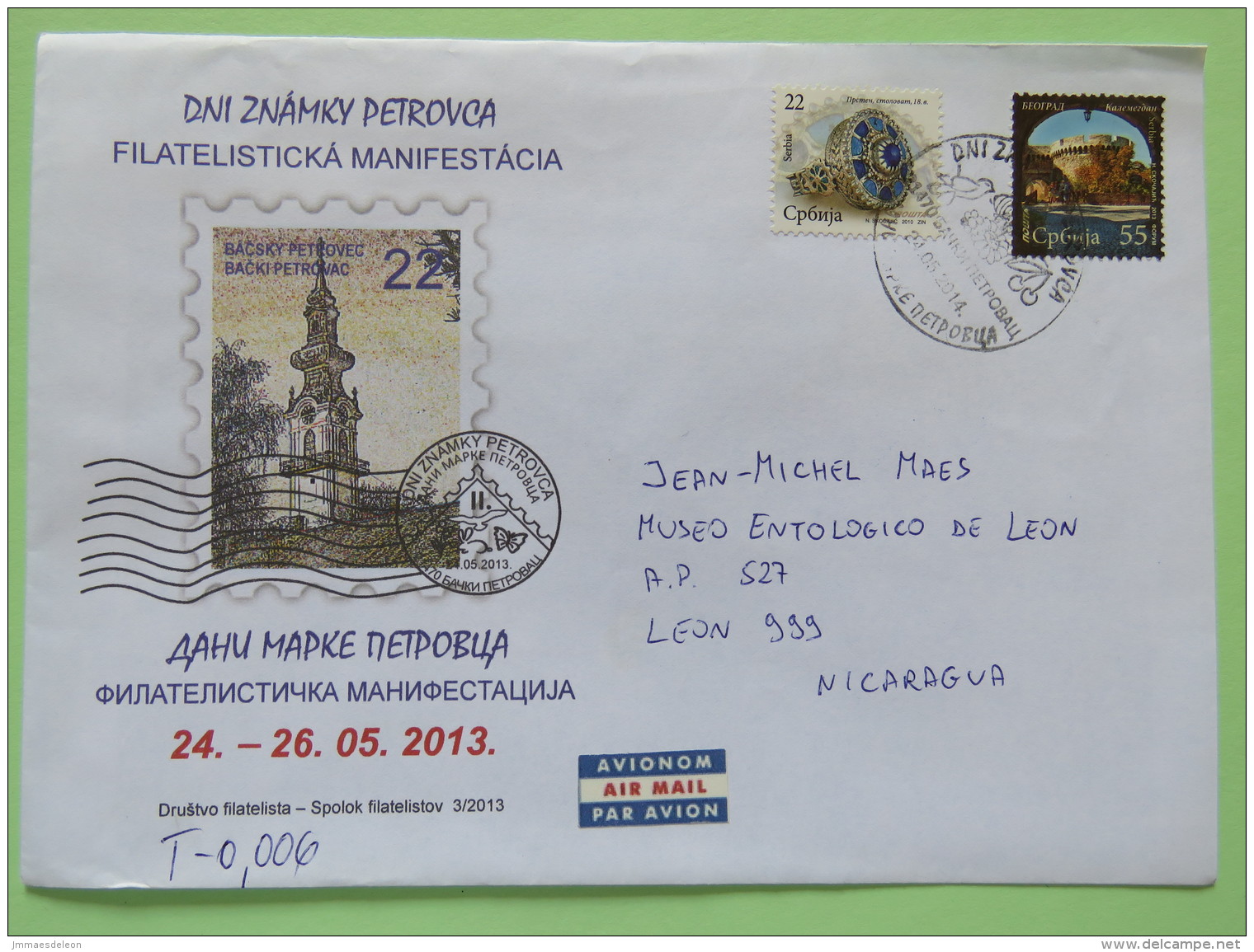 Serbia 2014 Cover Dni Znamky Petrovca To Nicaragua - Castle - Ring Jewelry - Bird And Cherries Cancel - Serbia
