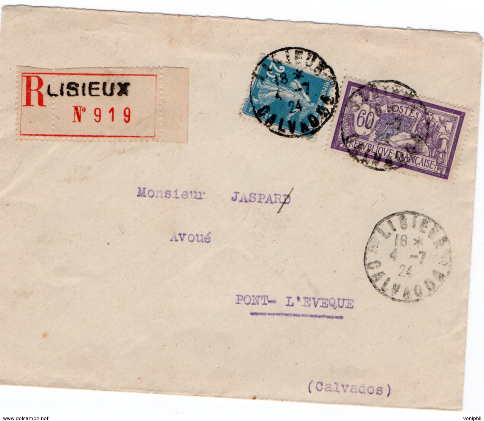 LETTRE RECOMMANDEE AFFRANCHIE N° 140 + 144 - OBLITERE CAD LISIEUX  CALVADOS -1924 - Autres & Non Classés