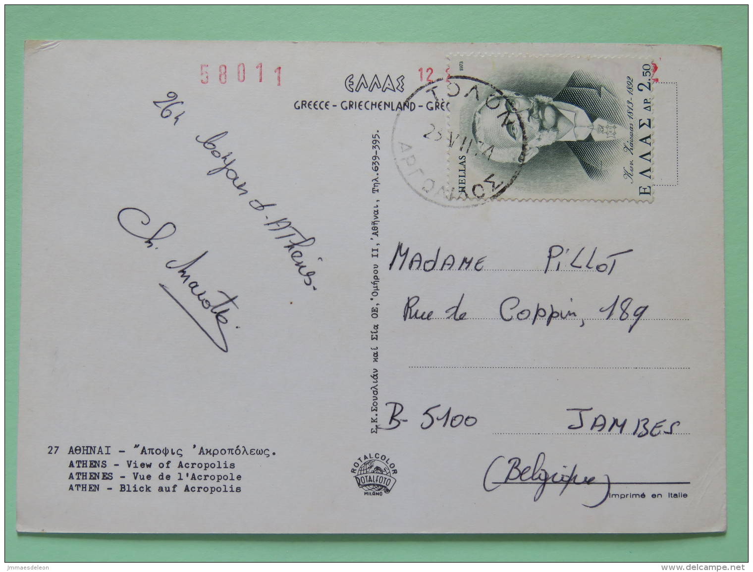 Greece 1974 Postcard ""Athens - Acropole"" To Belgium - Constantine Zappas - Covers & Documents