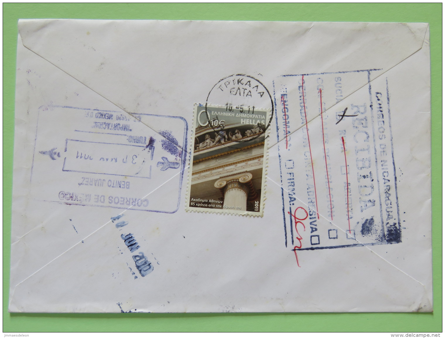 Greece 2011 Registered Cover Trikala To Nicaragua - Ship - Archaeology - Column Stamp On Back - Covers & Documents