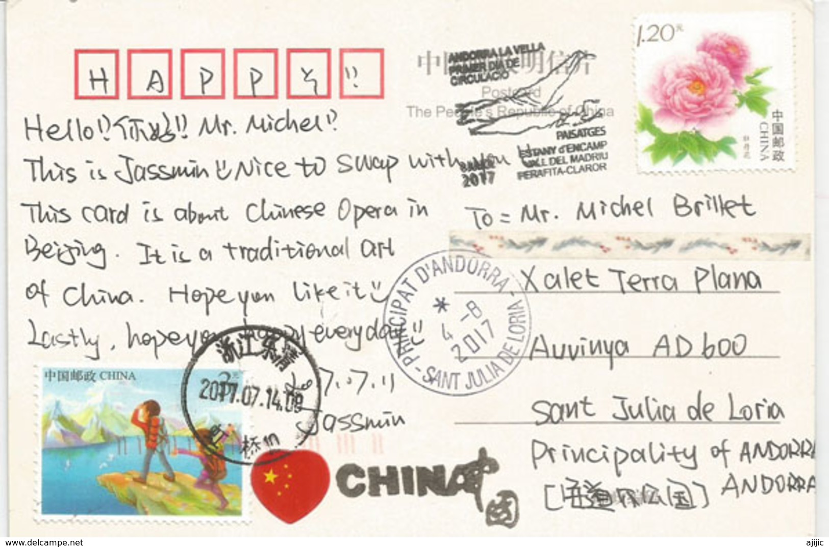 Chinese Opera Costume,  Postcard Addressed To ANDORRA, With Arrival Postmark - Azië