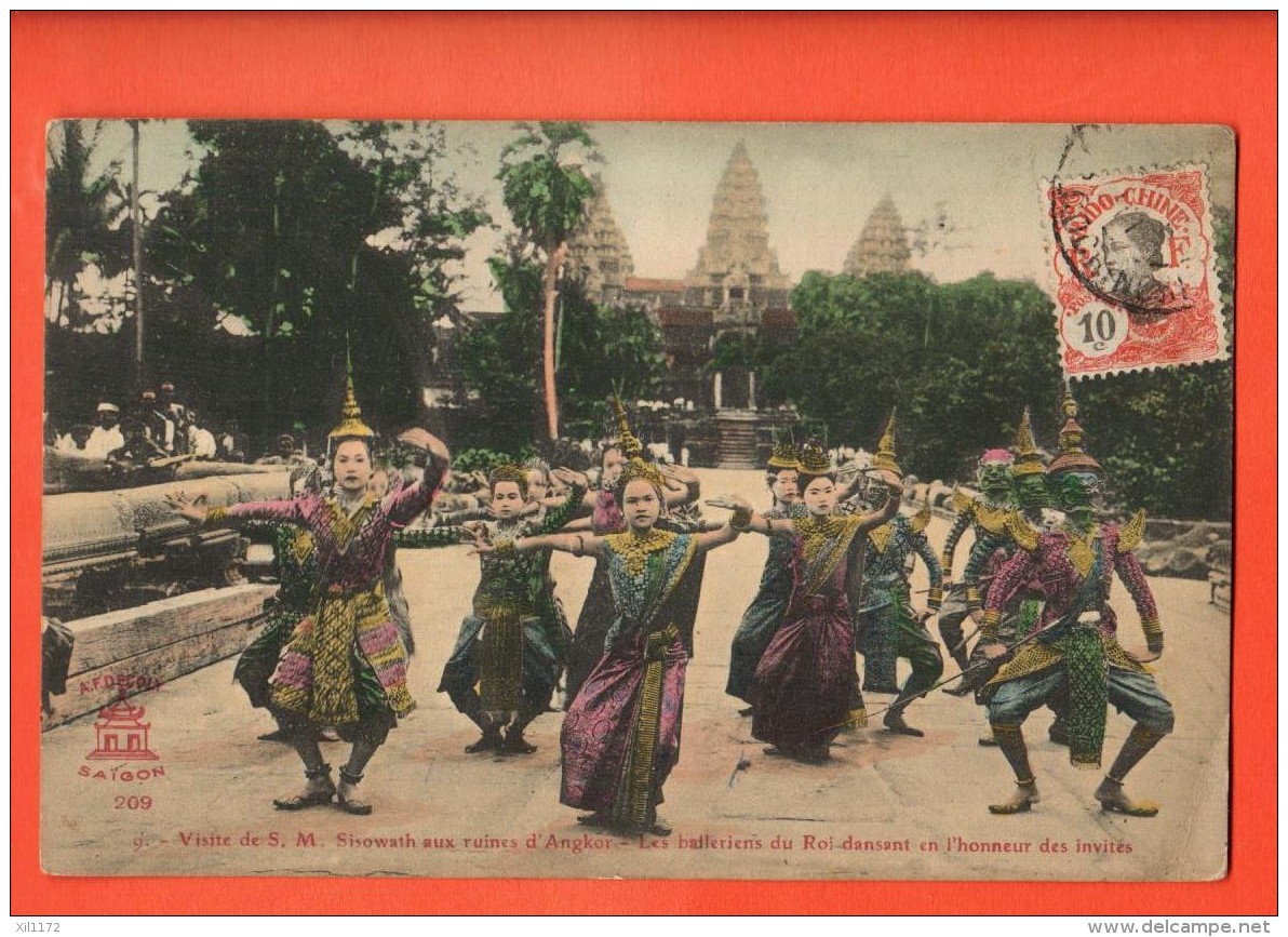 IAK-16  Visit Of Her Majesty Sisowhat To Angkor, Dances. Used In 1911. Cachet Frontal, Dessins Au Verso - Cambodge