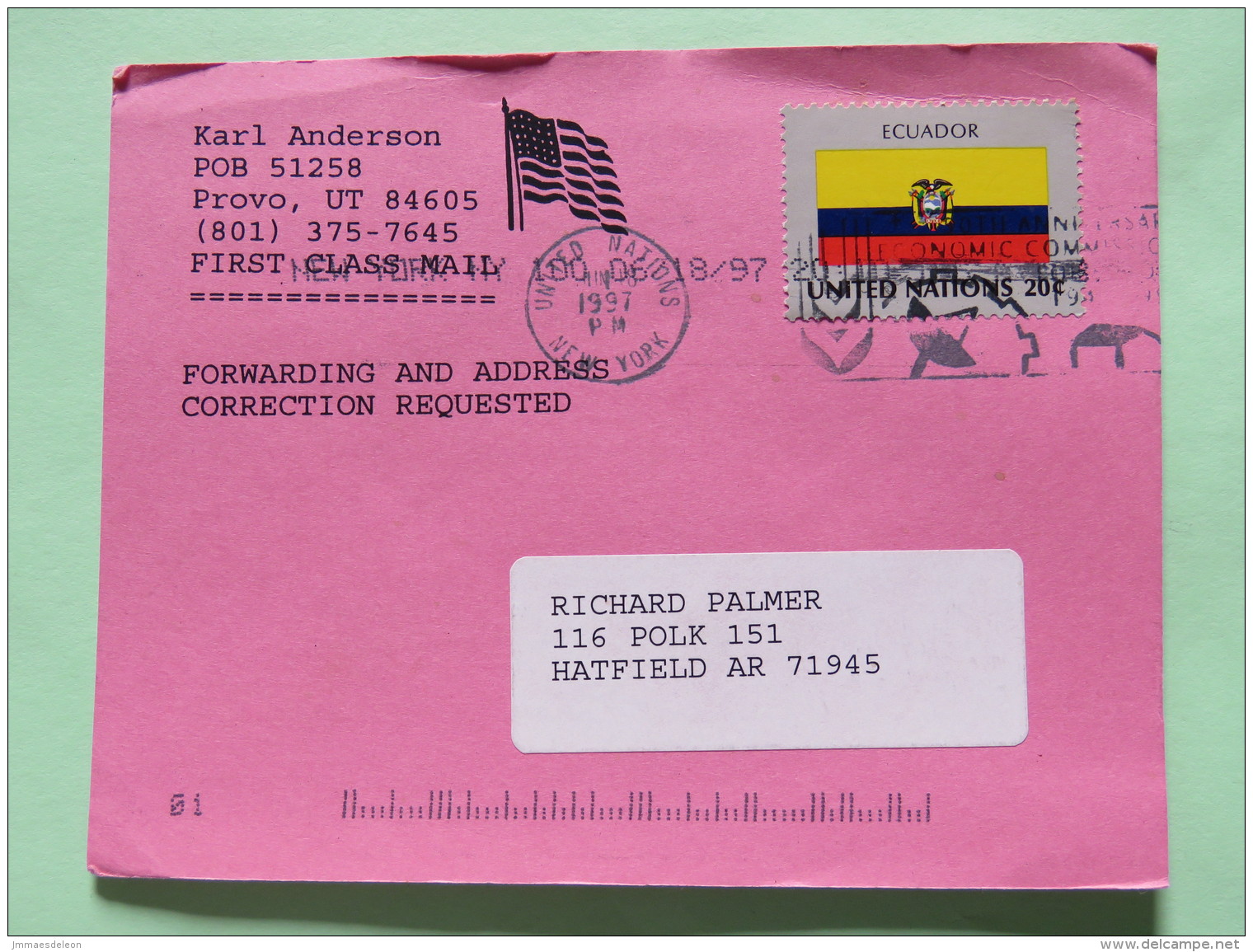 United Nations (New York) 1997 Postcard To Hatfield - Flag Ecuador - Cartas & Documentos