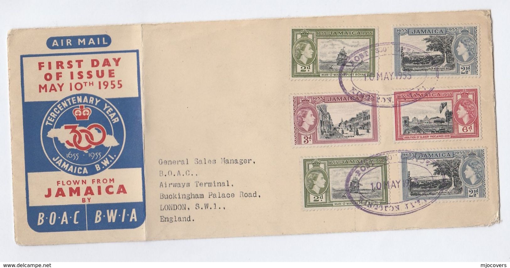 1955 JAMAICA FDC Tercentenary SPECIAL FLIGHT COVER VIA  BOAC BWIA To GB Aviation Stamps Sailing Ship Etc - Jamaica (...-1961)