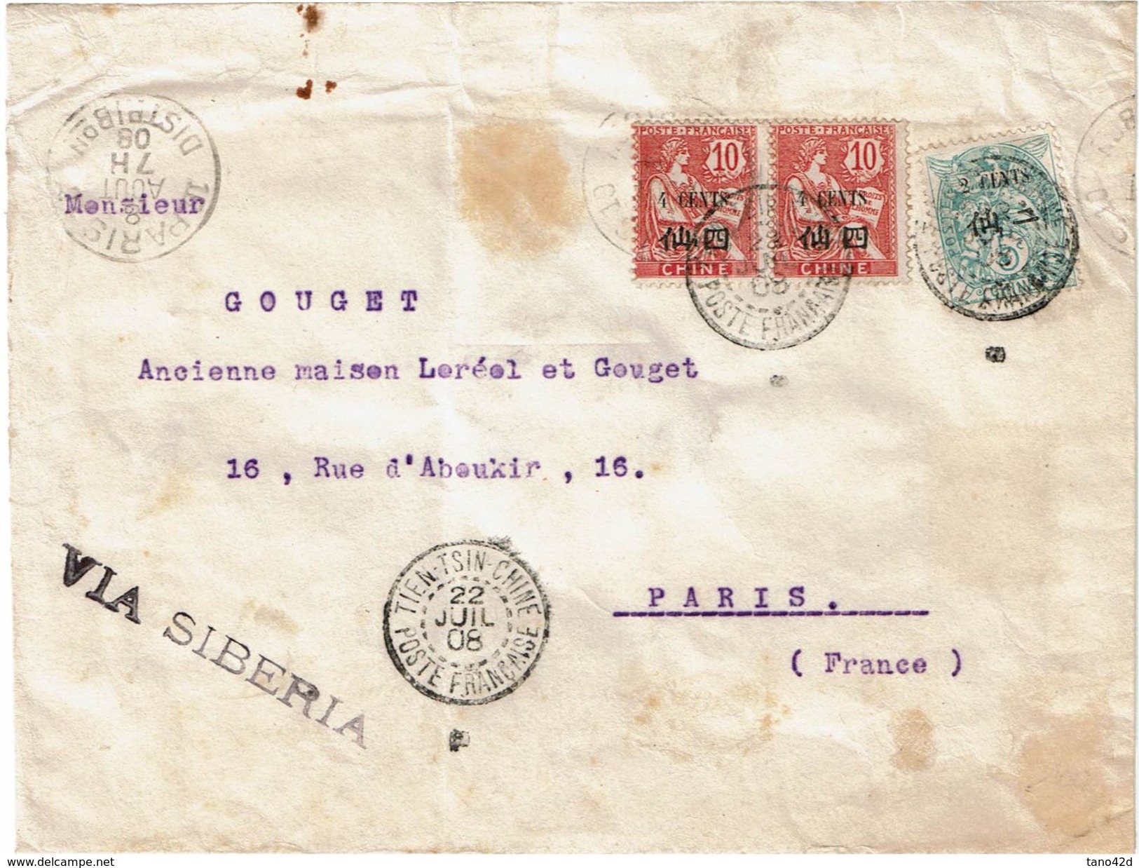 CTN-51A / LETTRE DE TIEN-TSIN POUR PARIS 22/7/1908 - Lettres & Documents