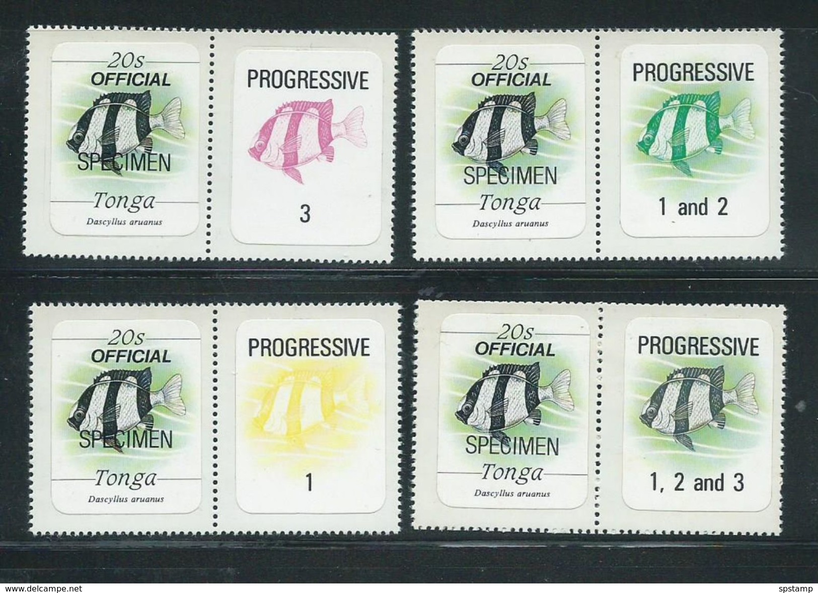 Tonga 1984 Marine Life Official Definitives 20s Fish X 4 Singles , All With Colour Separation Labels , MNH Specimen O/P - Tonga (1970-...)