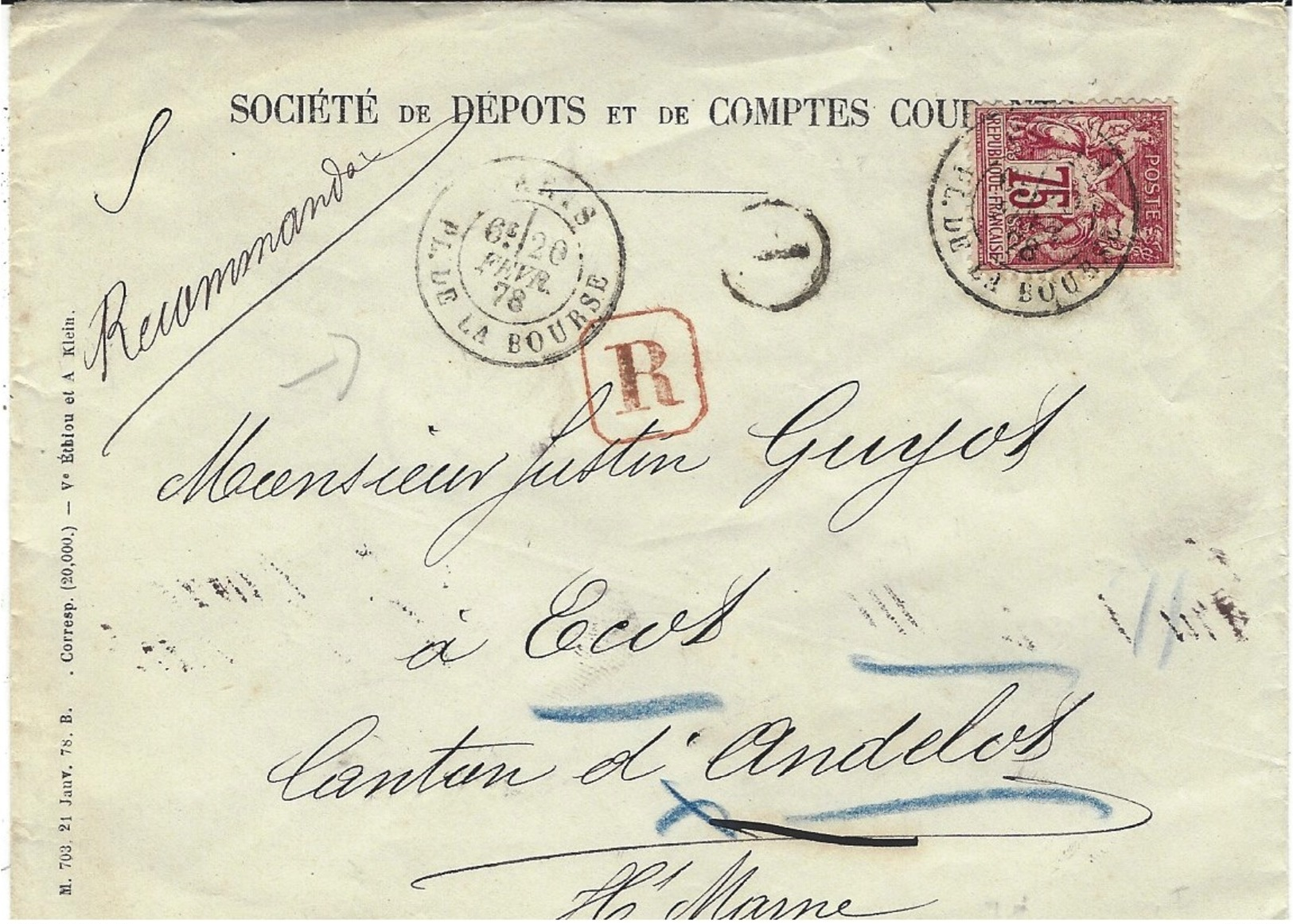 1878-  Superbe Enveloppe Reccommandée  De Paris / Pl. De La Bourse  Affr. Sage N° 71 SEUL - 1877-1920: Période Semi Moderne