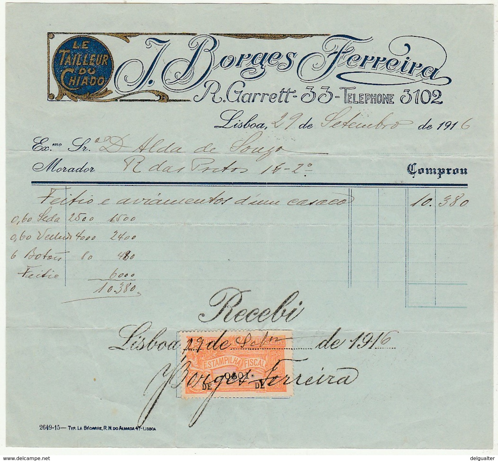 Invoice * Portugal * Lisboa * 1916 * J. Borges Ferreira - Portugal