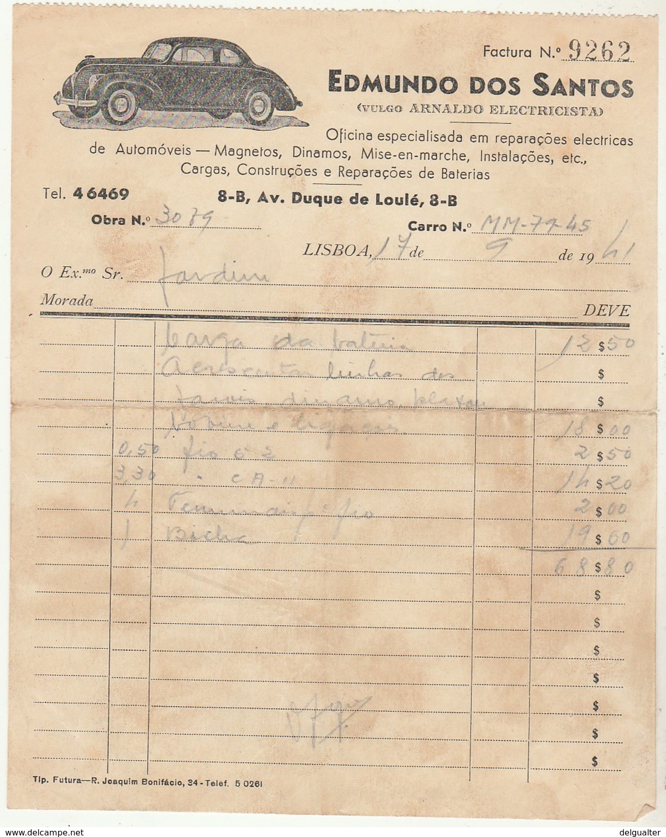 Invoice * Portugal * Lisboa * 1941 * Reparações Electricas De Automoveis * Edmundo Dos Santos - Portugal