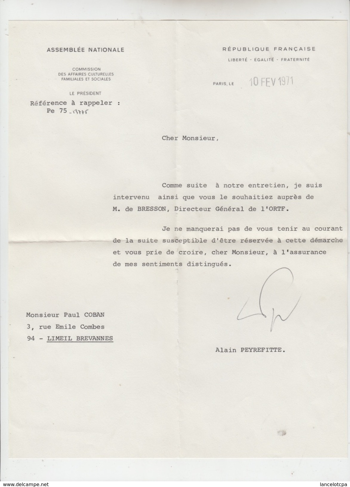 LETTRE AUTOGRAPHE De ALAIN PEYREFITTE (ASSEMBLEE NATIONALE) à PAUL COBAN Poëte - 1971 - Altri & Non Classificati