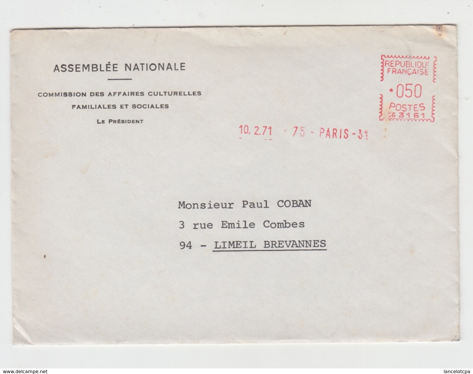 LETTRE AUTOGRAPHE De ALAIN PEYREFITTE (ASSEMBLEE NATIONALE) à PAUL COBAN Poëte - 1971 - Altri & Non Classificati