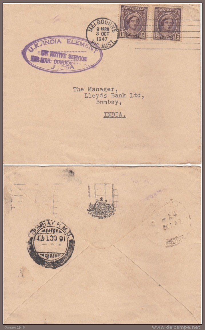 Australia 1947 JCOSA Officer Observing The Atomic Bomb Tests U.K. / INDIA ELEMENT  Cover To India # 98760    Inde Indien - Covers & Documents