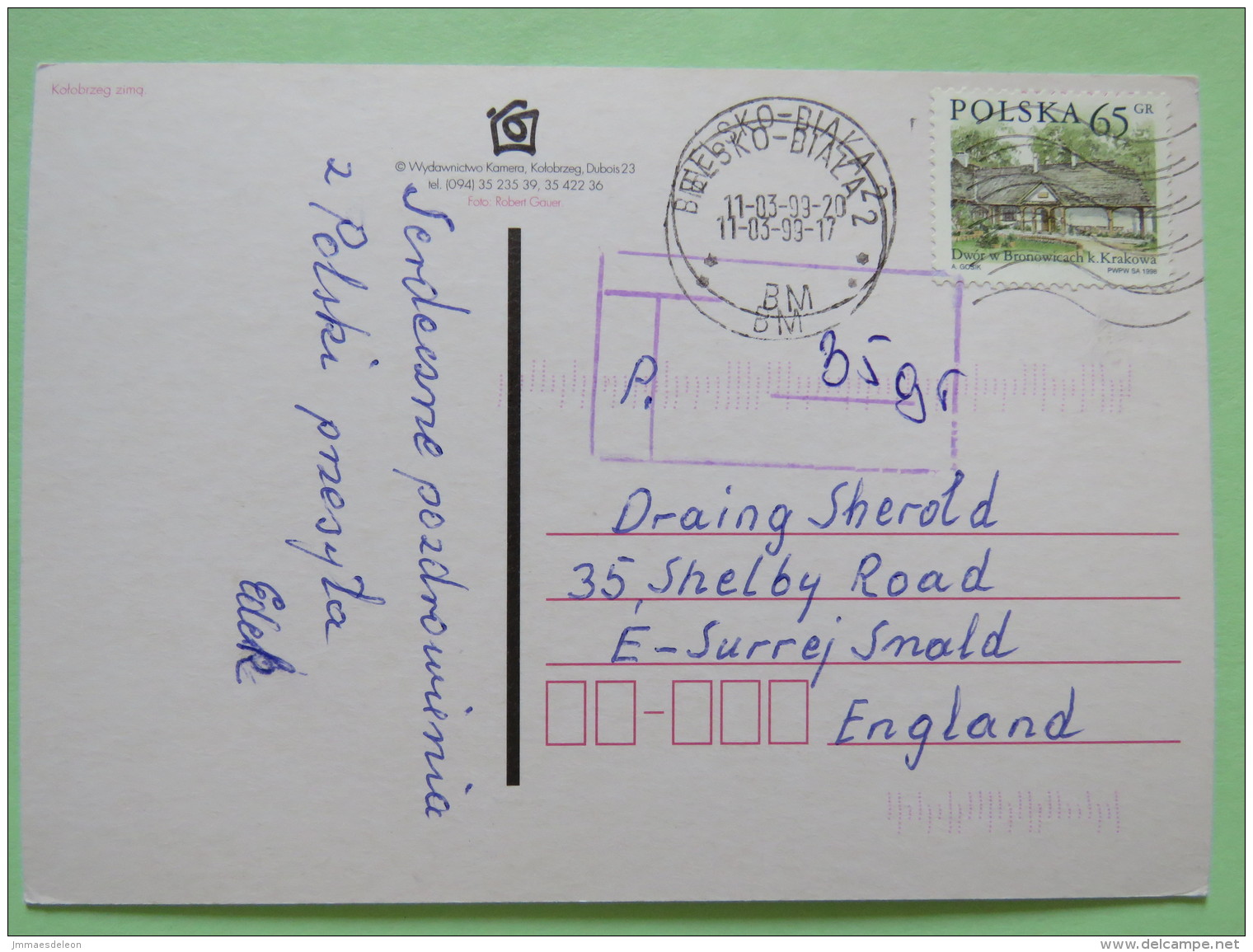 Poland 1999 Postcard ""Kolobrzeg Coast Lighthouse"" Belsko Biala To England - Due Tax - Country Estates Bronowicach - Polen