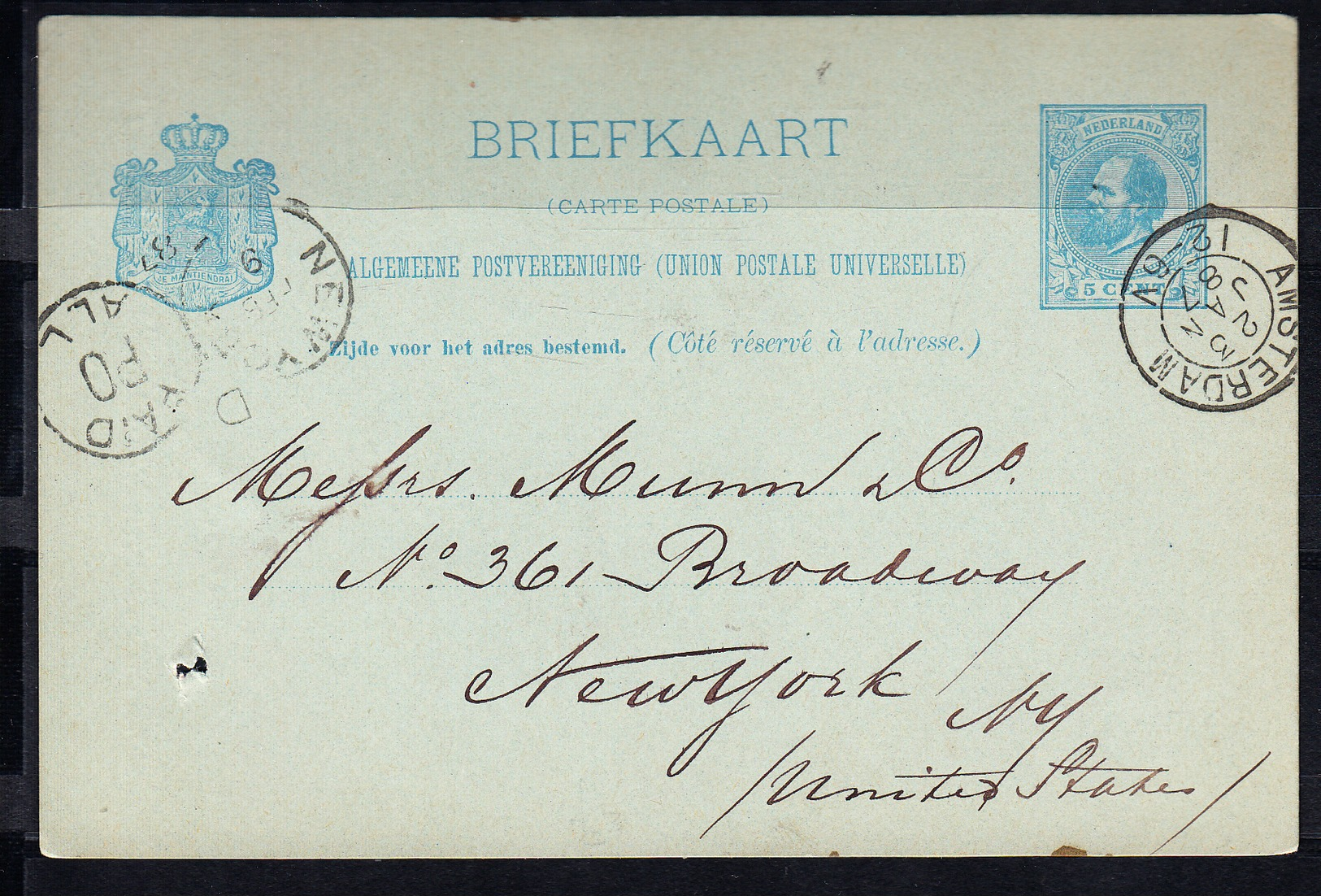 NEDERLAND 1887 BRIEFKAART 5 Cent GEBRUIKT. AMSTERDAM-NEW YORK. CECI 1.155 - Material Postal