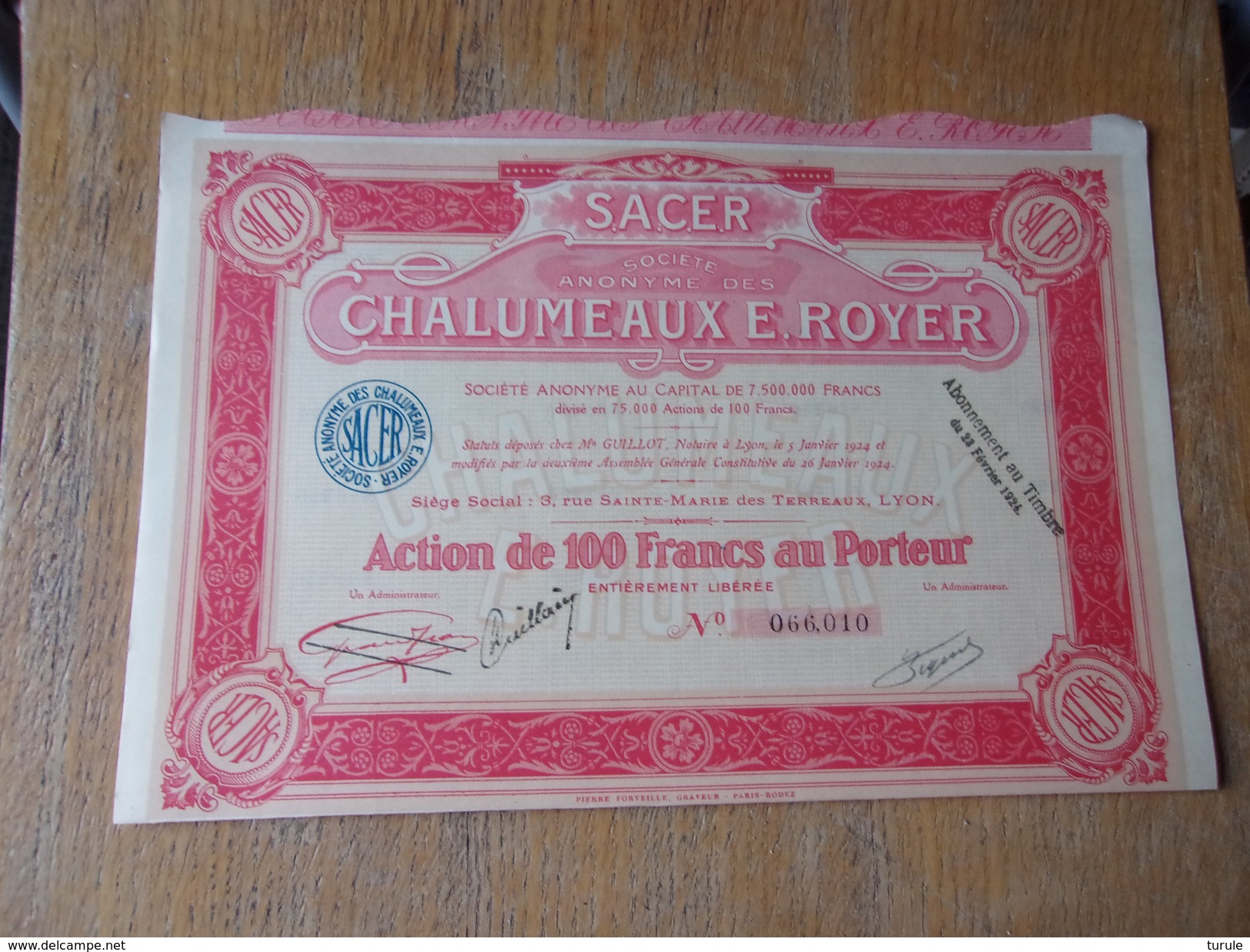 CHALUMEAUX ROYER (sacer) 1924 - Autres & Non Classés