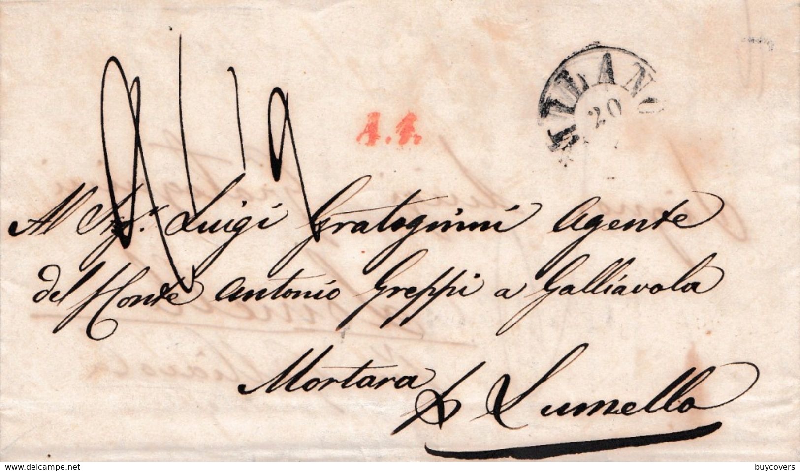 LV205 - LOMBARDO VENETO - 20/8/1858 Lettera Da Milano A Lomello (PV) Tassata 2,5 Decimi E Pagata In Denaro. RISPEDITA- - Lombardo-Veneto