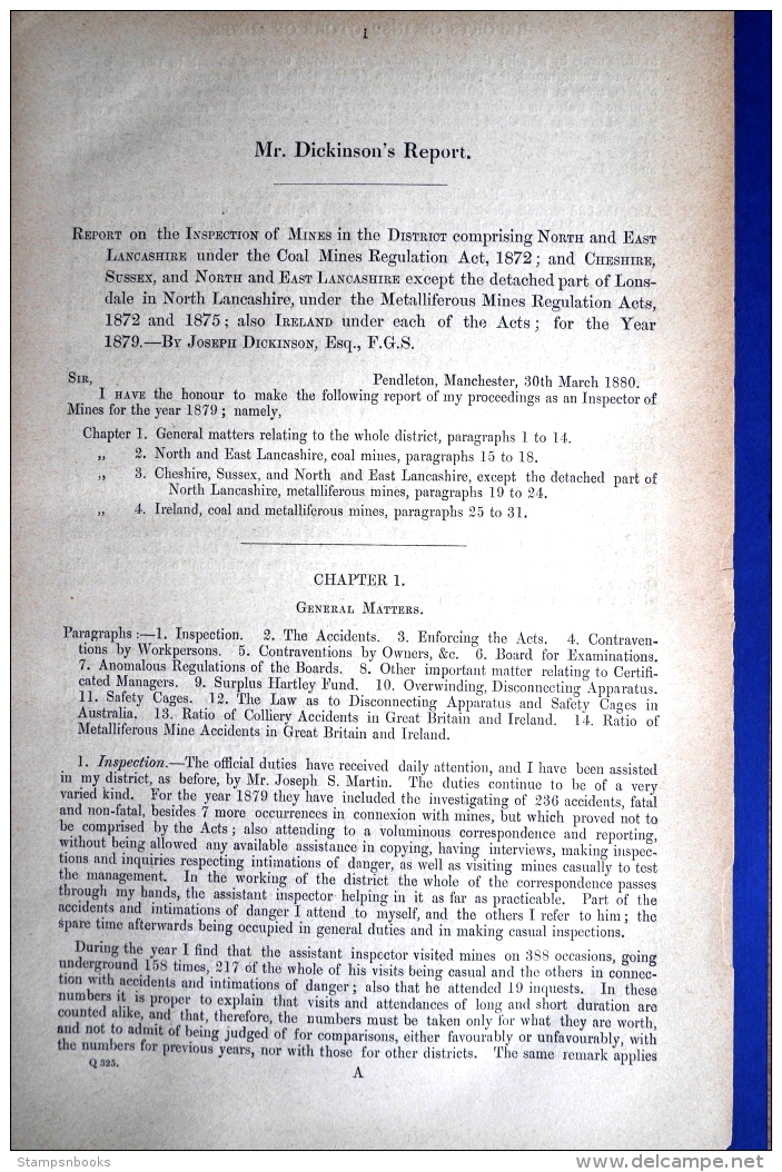 1880 Mine Inspectors Reports Lancashire Cheshire Sussex Ireland. Plodder Mine Manchester Diagram 80 Pages - Historical Documents