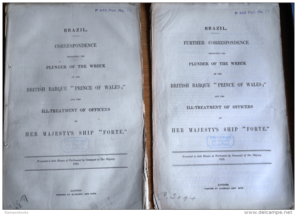 1863 British Government Reports (2) Brazil. HMS Prince Of Wales, Ship Wreck / Prisoners. Anglo-Brazilan War - Altri & Non Classificati