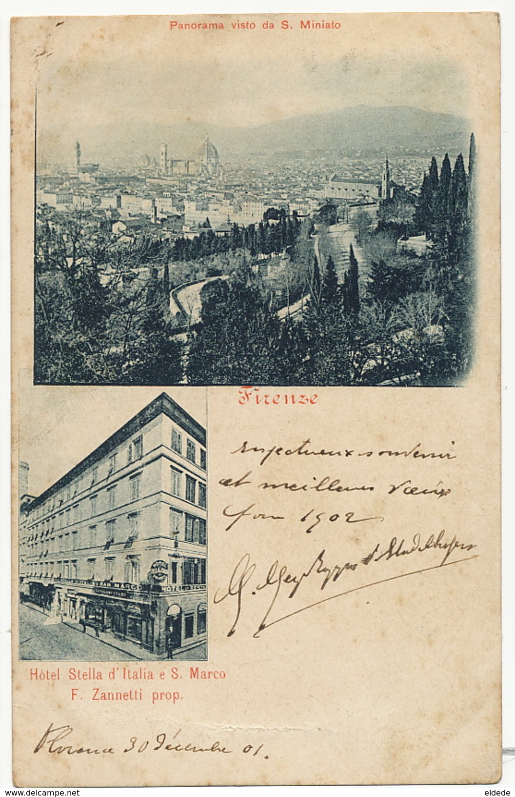 Firenze Panorama . Hotel Stella D' Italia E S. Marco . F. Zannetti Prop. P. Used 1901 - Firenze (Florence)